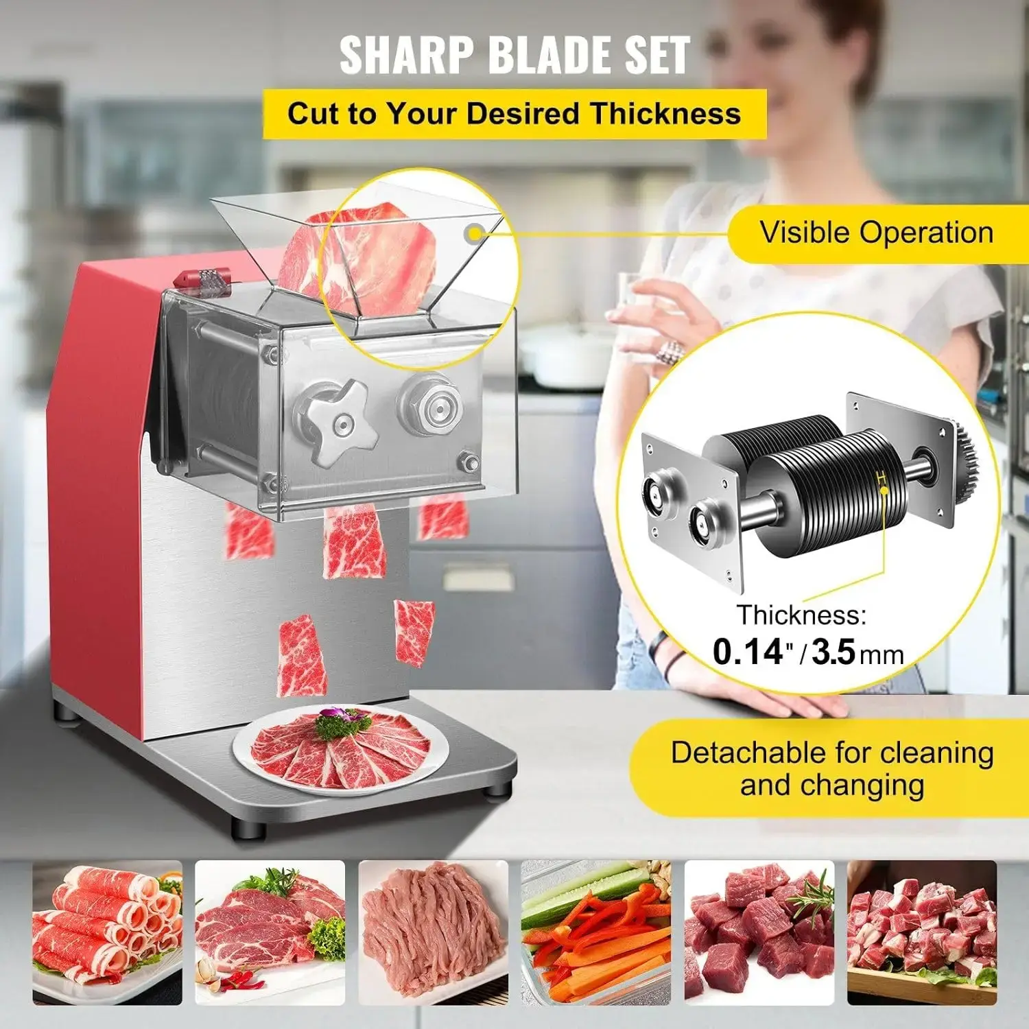 Commercial Meat Cutting Machine, 551 Lbs/H 850W Meat Shredding Machine, 3.5mm Blade Electric Meat Cutter, Red