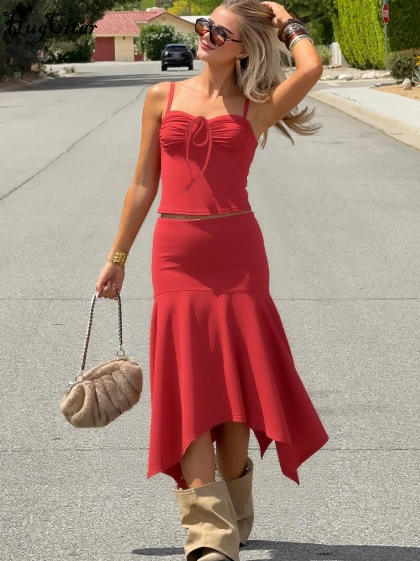 Hugcitar Women Elegant Ruched Lace Up Sexy Crop Camis Top Irregular Mini Skirt 2 Piece Sets Summer Beach Vacation Outfits Party