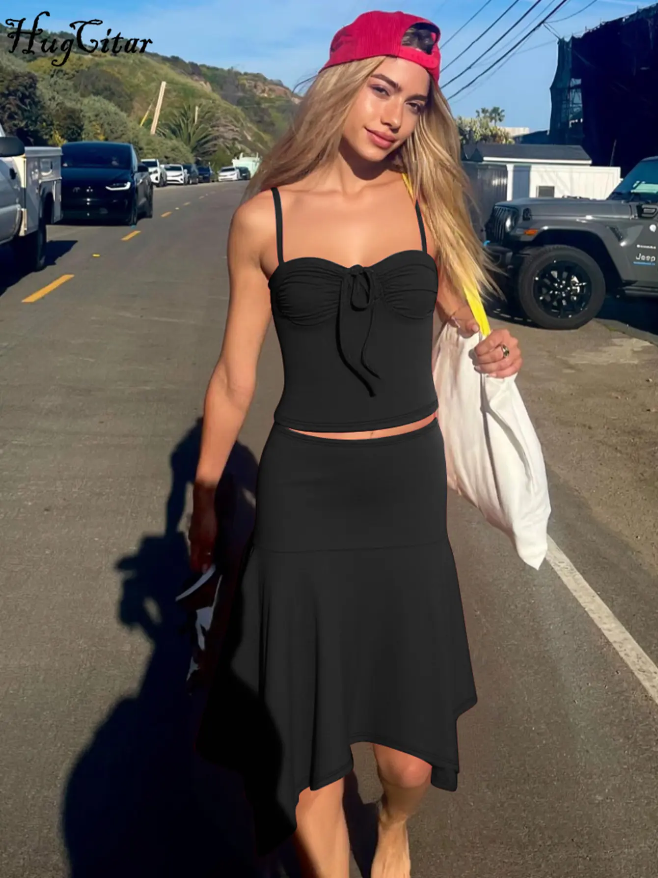Hugcitar Women Elegant Ruched Lace Up Sexy Crop Camis Top Irregular Mini Skirt 2 Piece Sets Summer Beach Vacation Outfits Party