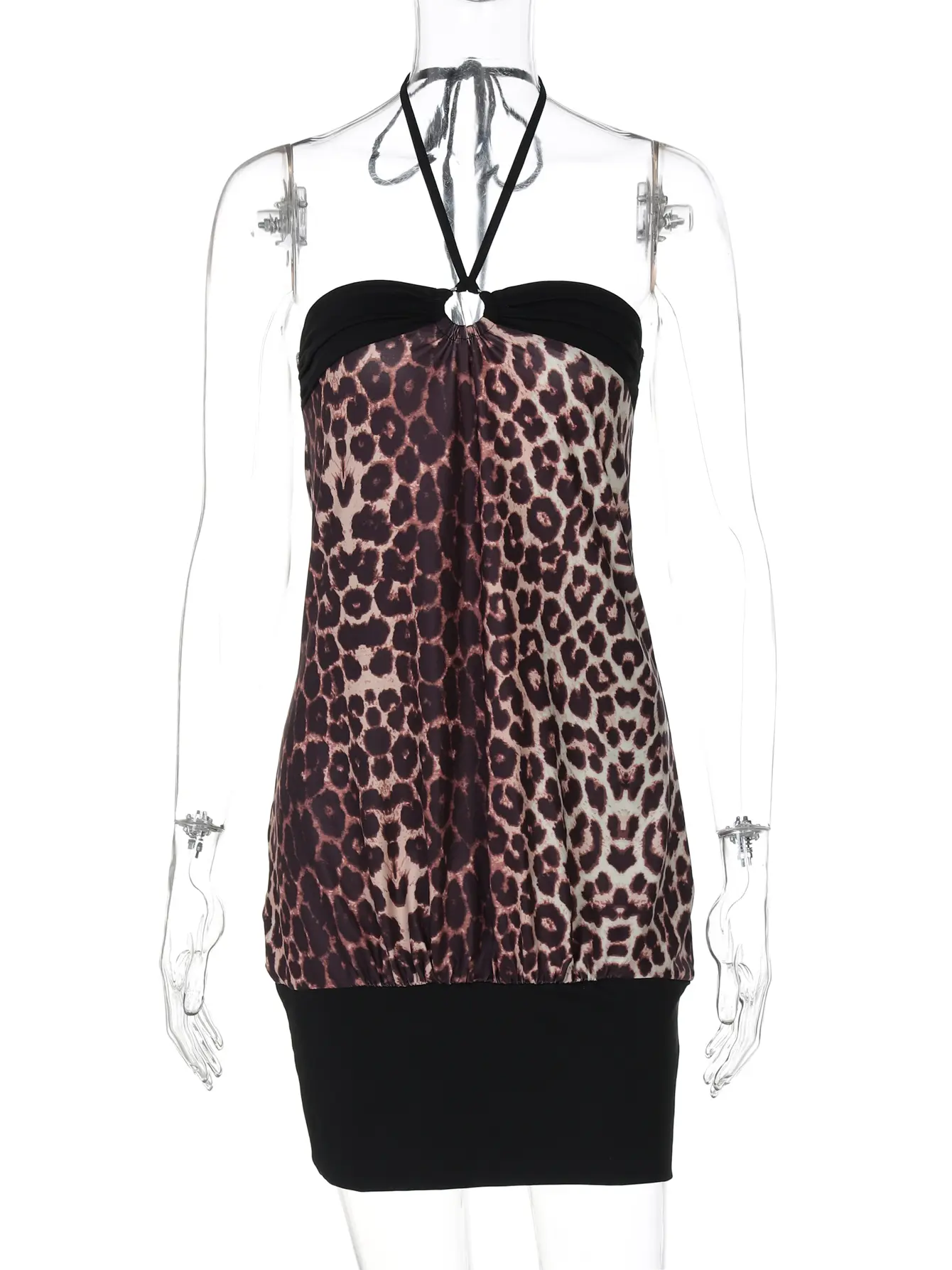 Hugcitar Leopard Print Halter Lace Up Backless Cut Out Patchwork Sexy Slim Mini Dress Summer Women Vacation Clothes Party Club