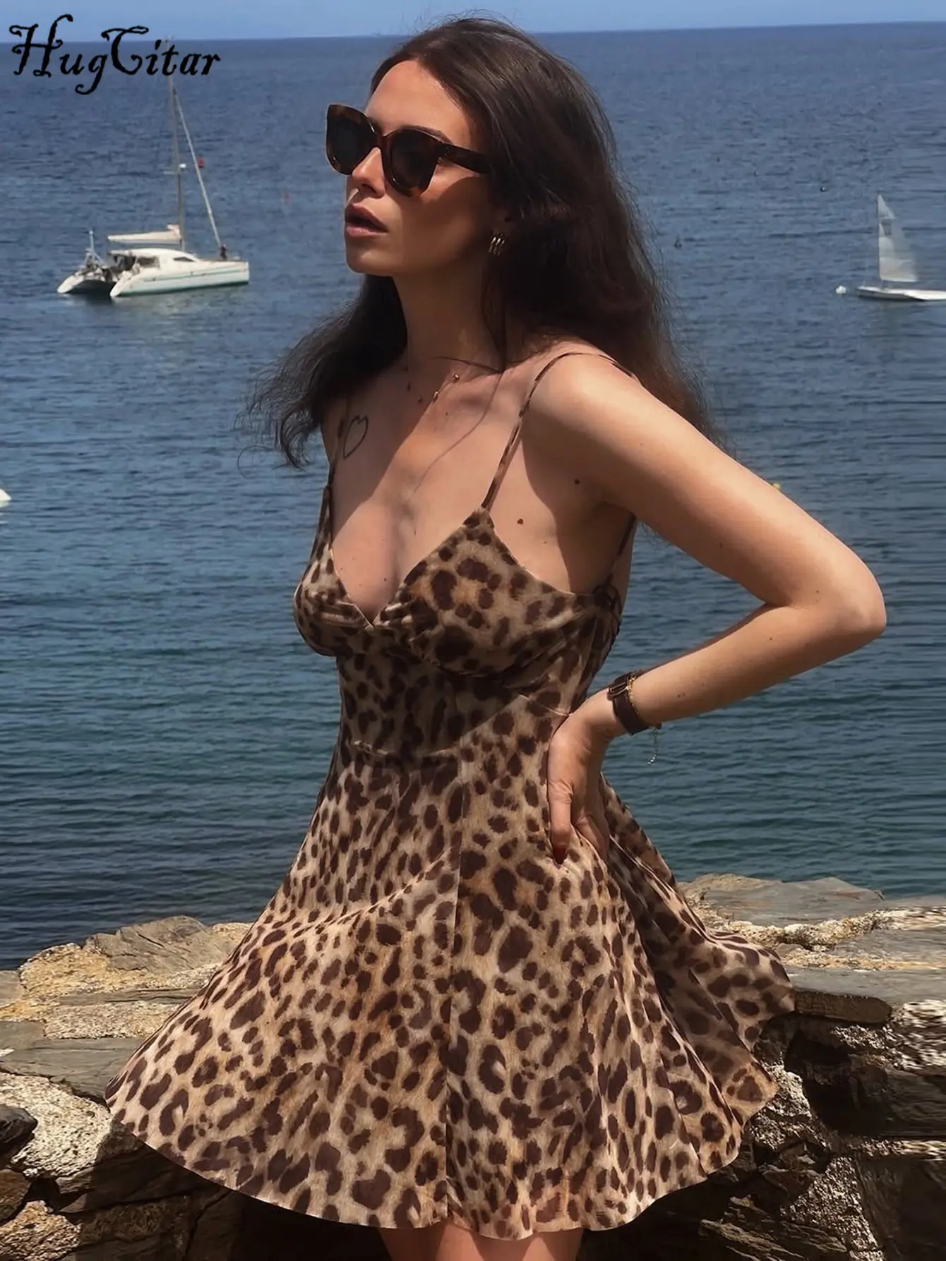 Hugcitar Leopard Print V Neck Slips Backless Lace Up Patchwork Mesh Sexy Pleated Mini Dress Summer Women Clothes Birthday Party