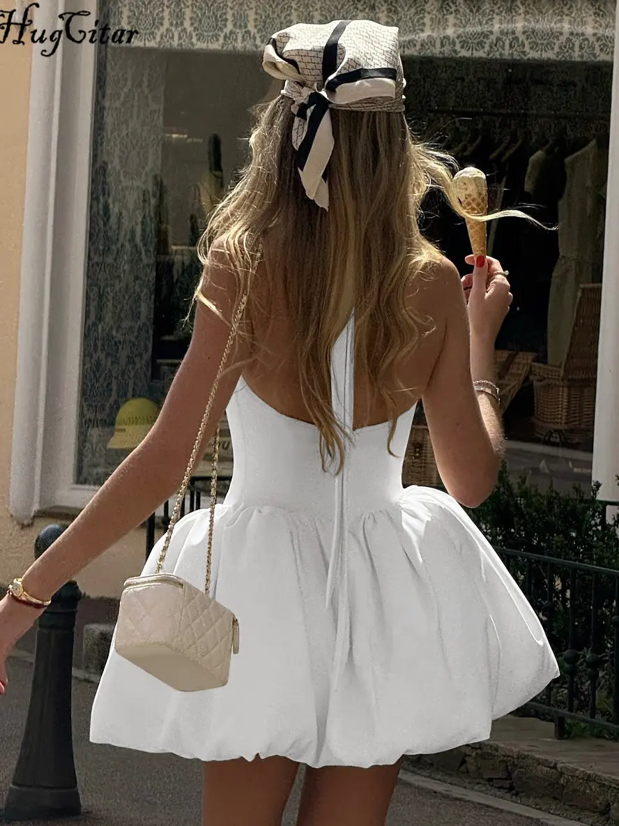Hugcitar Women Elegant Solid O Neck Sleeveless Ruched Backless Sexy Mini Dress 2025 Summer Cute Clothes Birthday Party Vacation