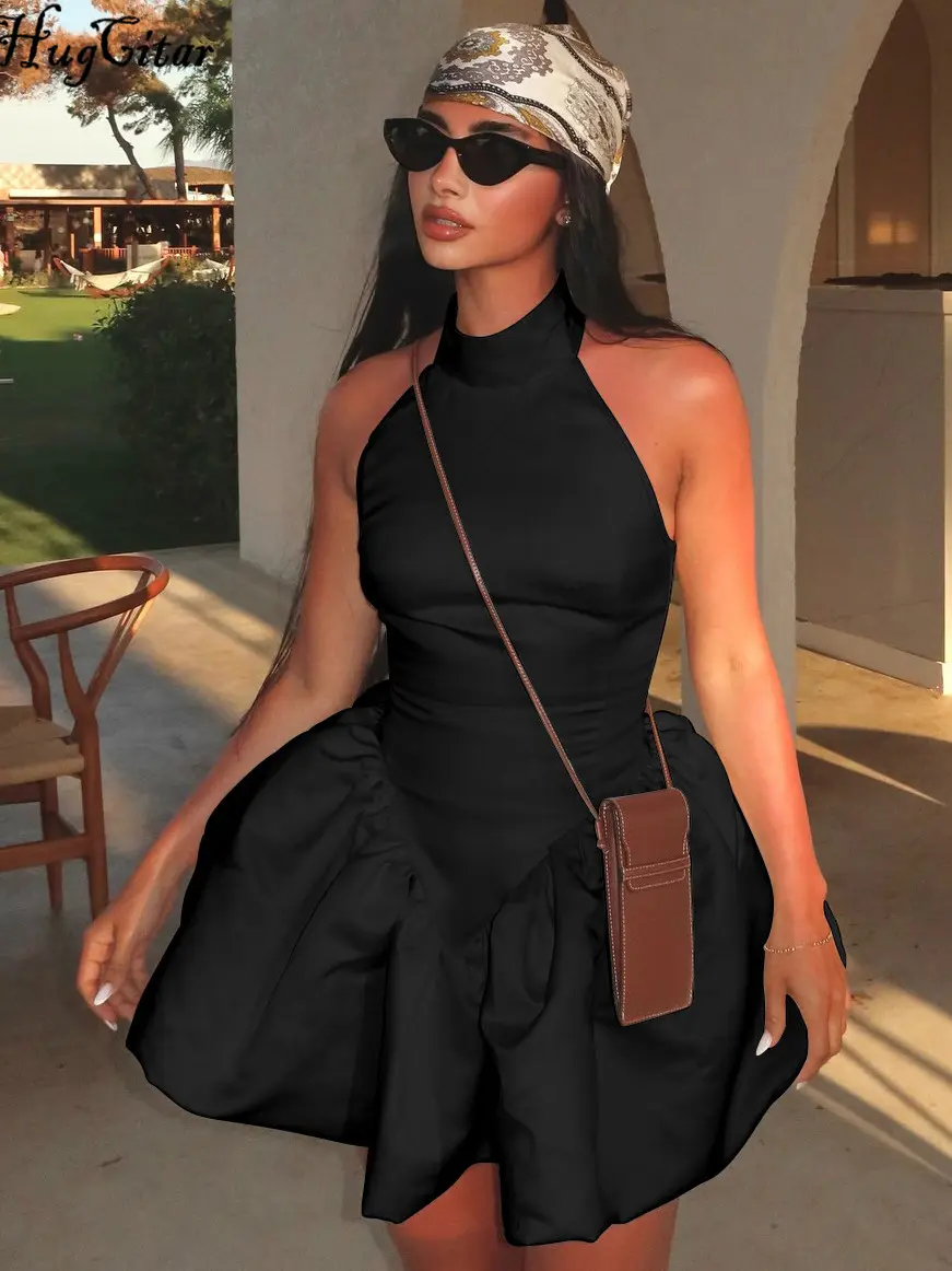 Hugcitar Women Elegant Solid O Neck Sleeveless Ruched Backless Sexy Mini Dress 2025 Summer Cute Clothes Birthday Party Vacation