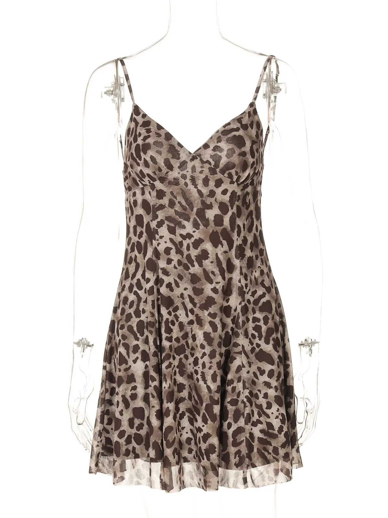 Hugcitar Leopard Print V Neck Slips Backless Lace Up Patchwork Mesh Sexy Pleated Mini Dress Summer Women Clothes Birthday Party