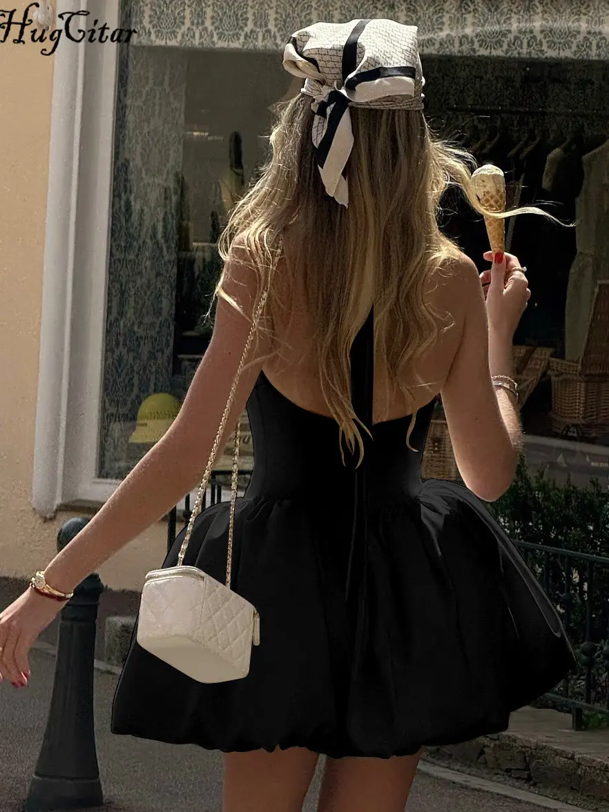 Hugcitar Women Elegant Solid O Neck Sleeveless Ruched Backless Sexy Mini Dress 2025 Summer Cute Clothes Birthday Party Vacation
