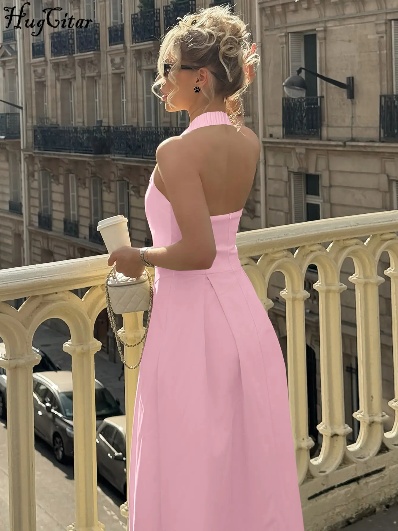 Hugcitar Elegant Halter Backless Solid Sexy Zip Up Slim Pleated Maxi Dress Summer Women Fashion Clothes Birthday Party Vacation
