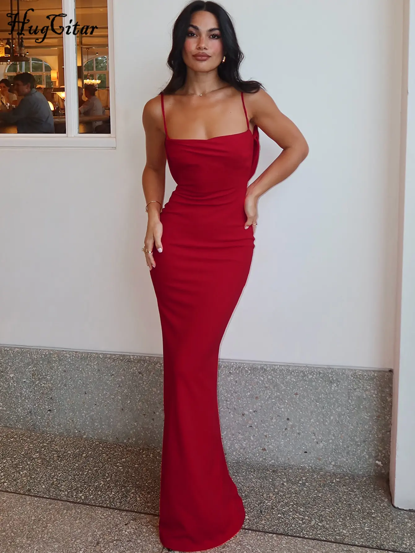Hugcitar Elegant Sleeveless Slips Backless Ruched Solid Sexy Bodycon Maxi Prom Dress Summer Women Evening Party Clothes Holiday