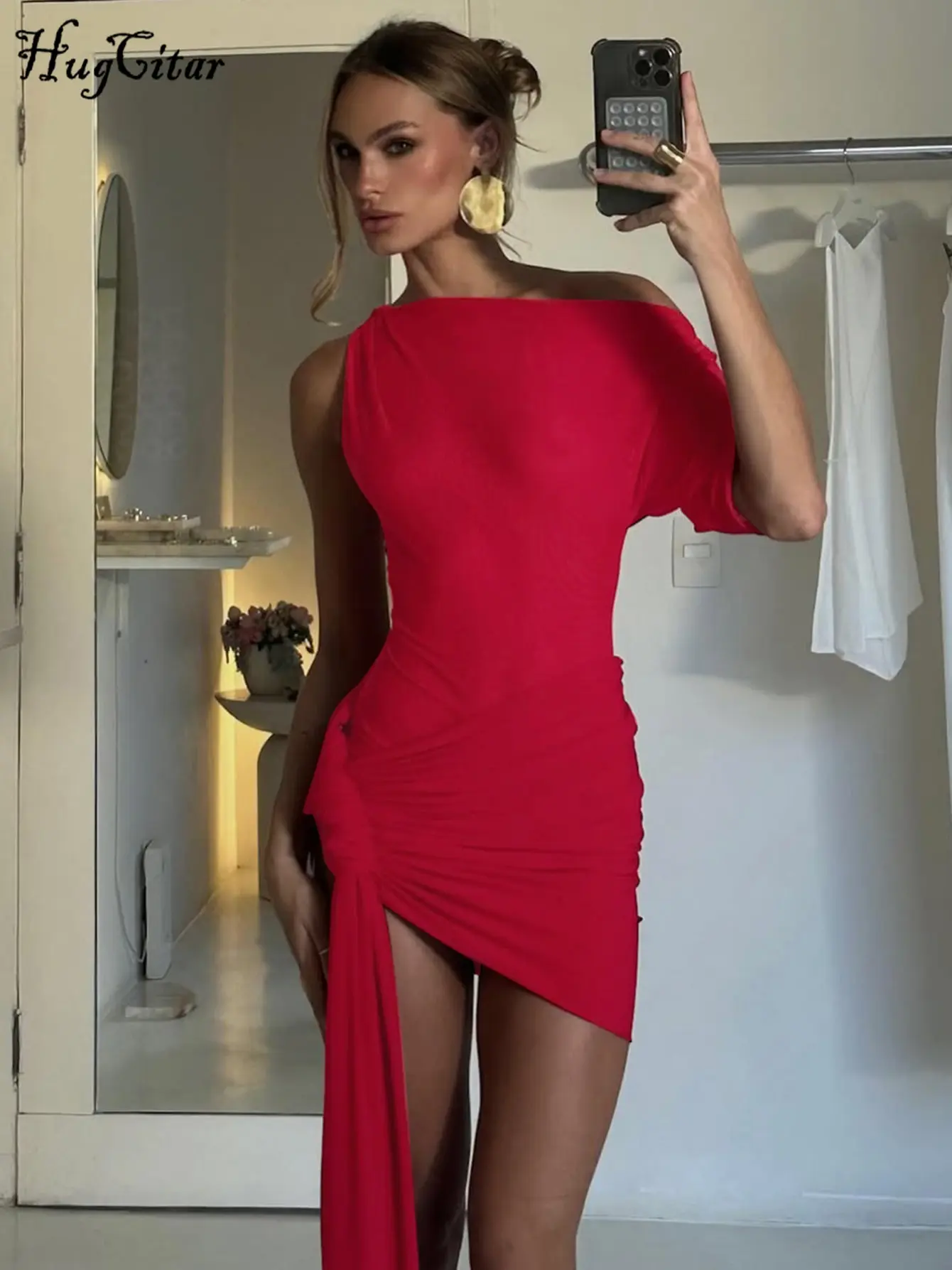 Hugcitar One Shoulder Solid Short Sleeve Ruched Shirring Sexy Irregular Mini Dress Fashion Summer Women Clothes Festival Party