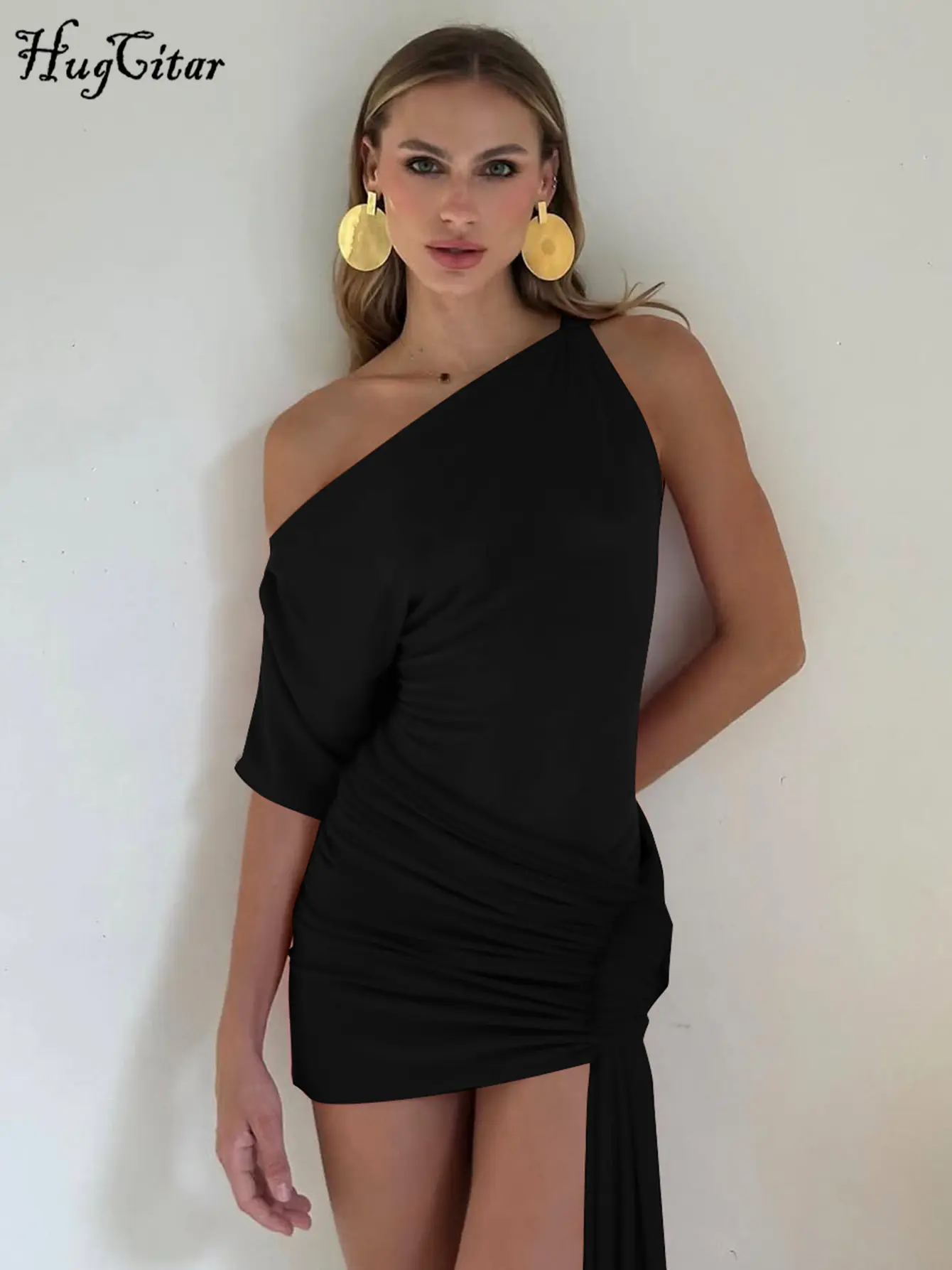 Hugcitar One Shoulder Solid Short Sleeve Ruched Shirring Sexy Irregular Mini Dress Fashion Summer Women Clothes Festival Party