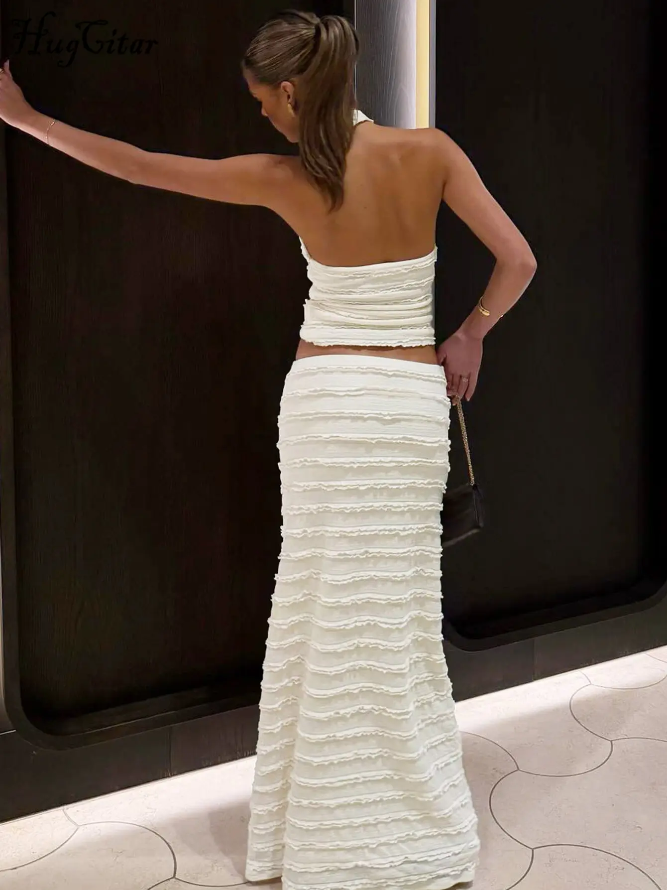 Hugcitar Women Fashion Halter Ruffles Backless Sexy Button Slim Crop Tank Top Maxi Skirt Summer Clothes Birthday Party Vacation