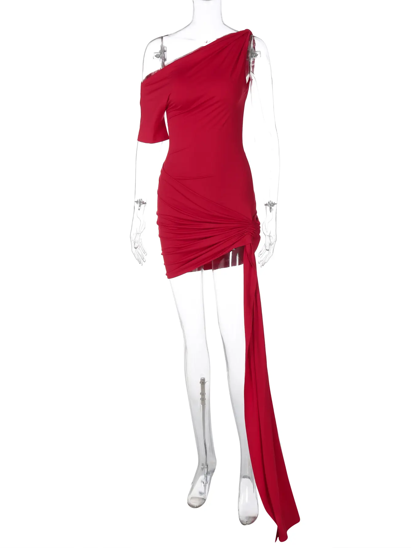 Hugcitar One Shoulder Solid Short Sleeve Ruched Shirring Sexy Irregular Mini Dress Fashion Summer Women Clothes Festival Party