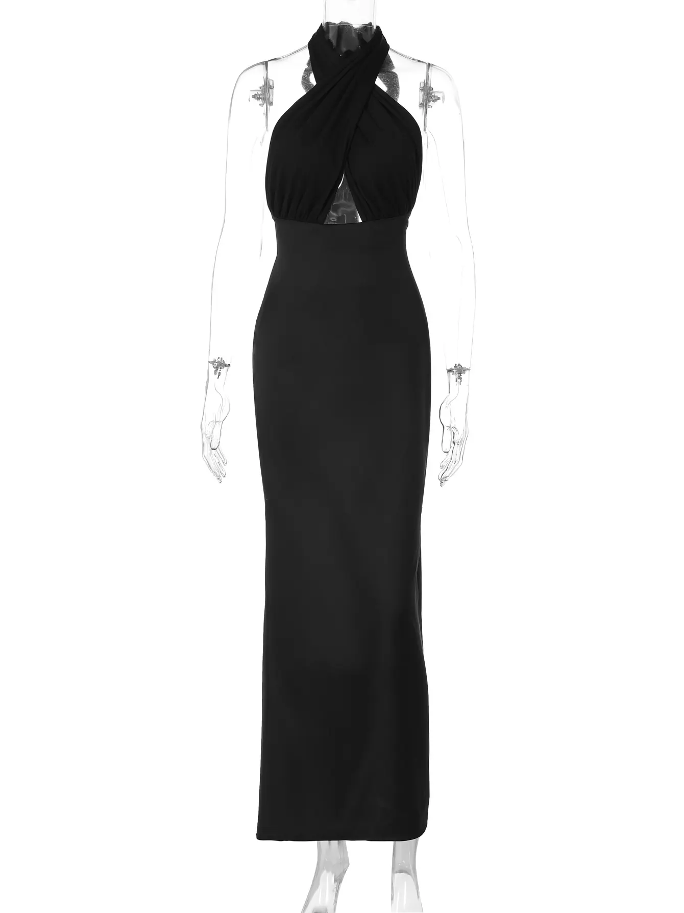 Hugcitar Women Fashion Halter Hollow Out Black  Backless Sexy Bandage Slit Maxi Dress Summer Evening Party Birthday Clothes
