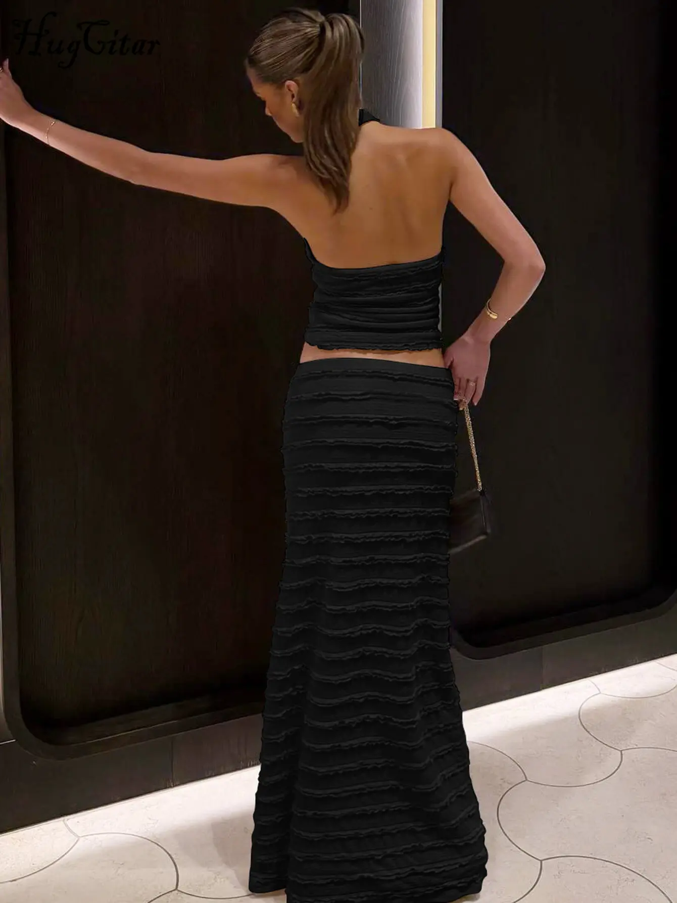 Hugcitar Women Fashion Halter Ruffles Backless Sexy Button Slim Crop Tank Top Maxi Skirt Summer Clothes Birthday Party Vacation