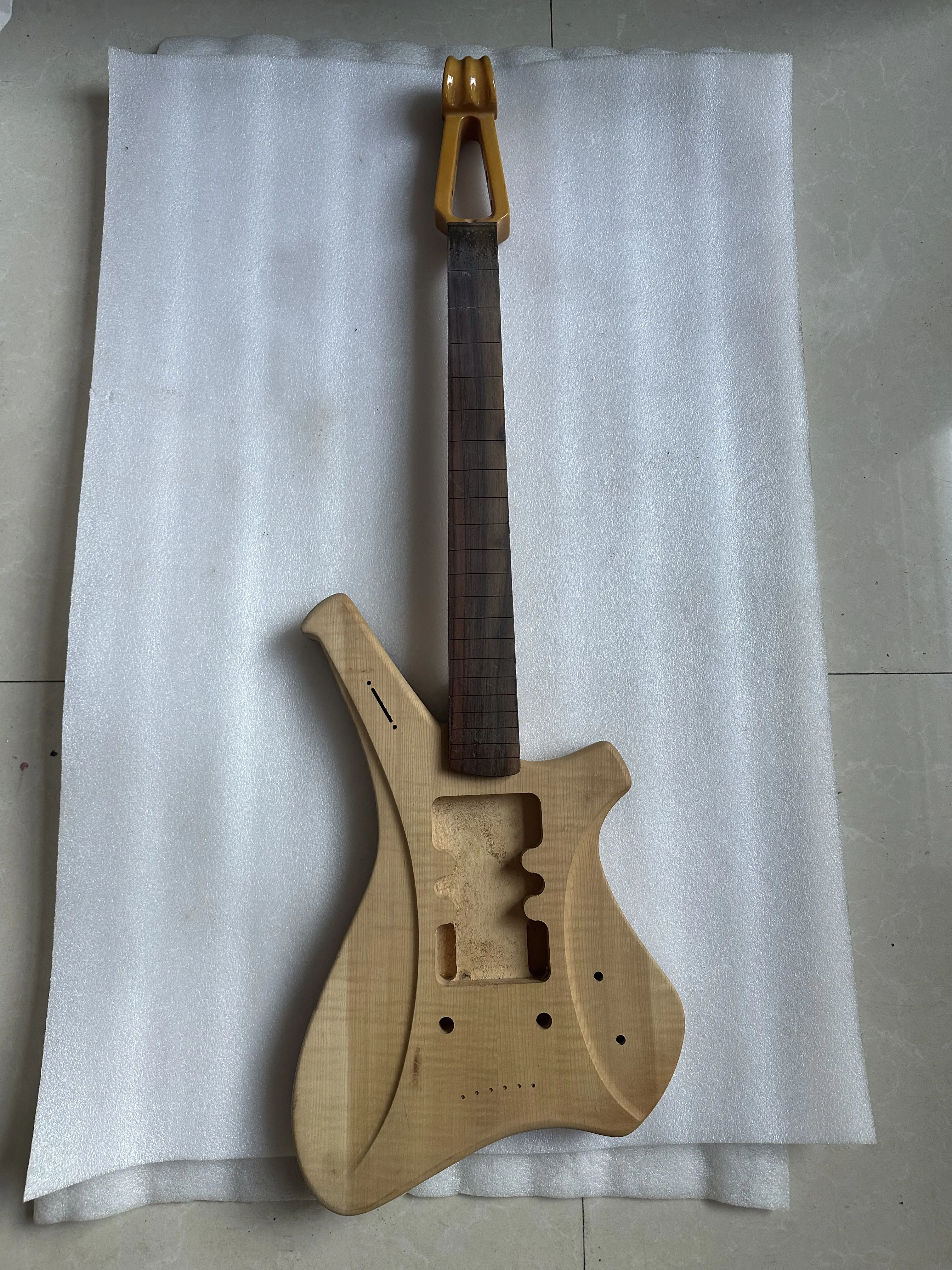 1 Set Unfinished DIY Electric guitar Fretless Bird Eyes Maple Neck and Body Customized Special Shape Guitar parts Need to Cut