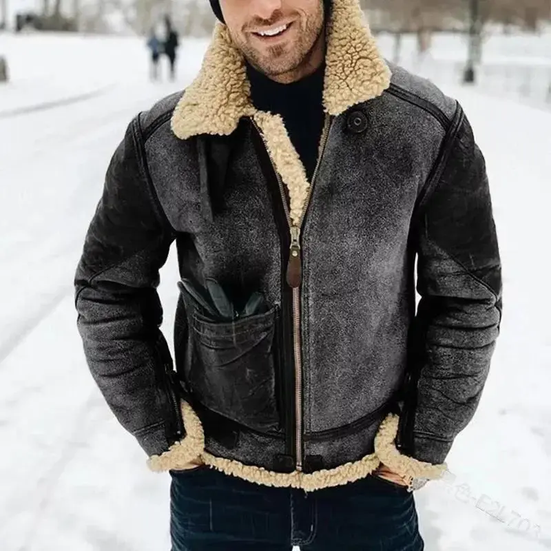 Thickened Men's Jacket Warm Faux Leather Warm Jacket Large Lapel Contrasting Color European American suede fur one-piece jacket