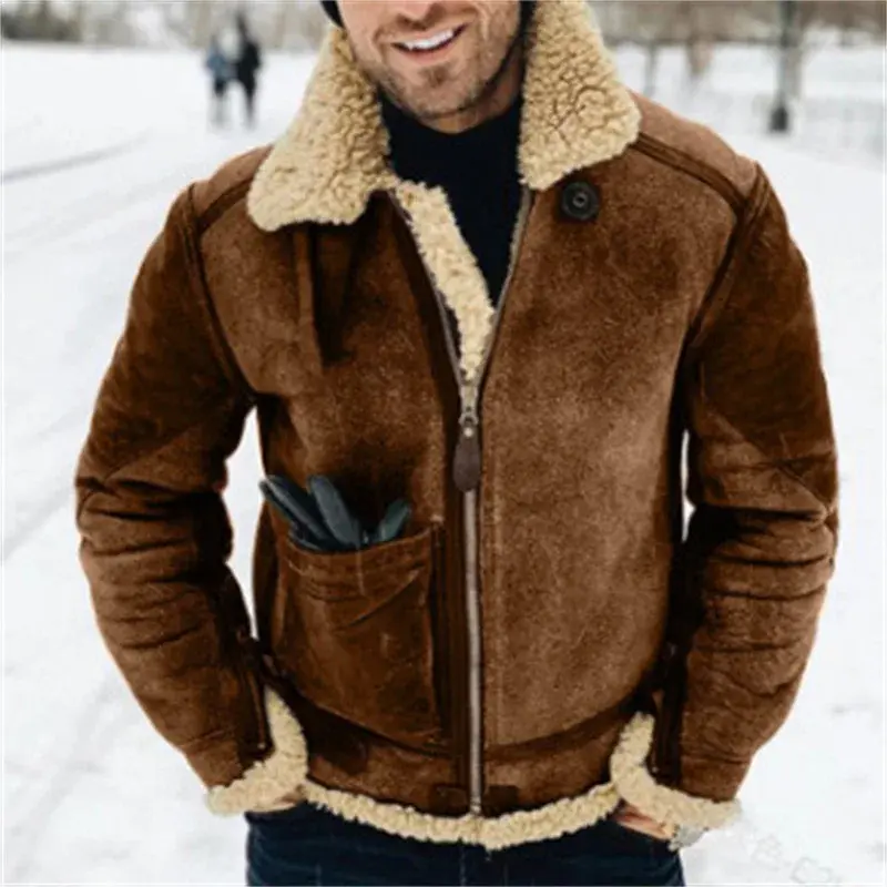 Thickened Men's Jacket Warm Faux Leather Warm Jacket Large Lapel Contrasting Color European American suede fur one-piece jacket