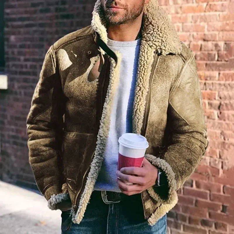Thickened Men's Jacket Warm Faux Leather Warm Jacket Large Lapel Contrasting Color European American suede fur one-piece jacket