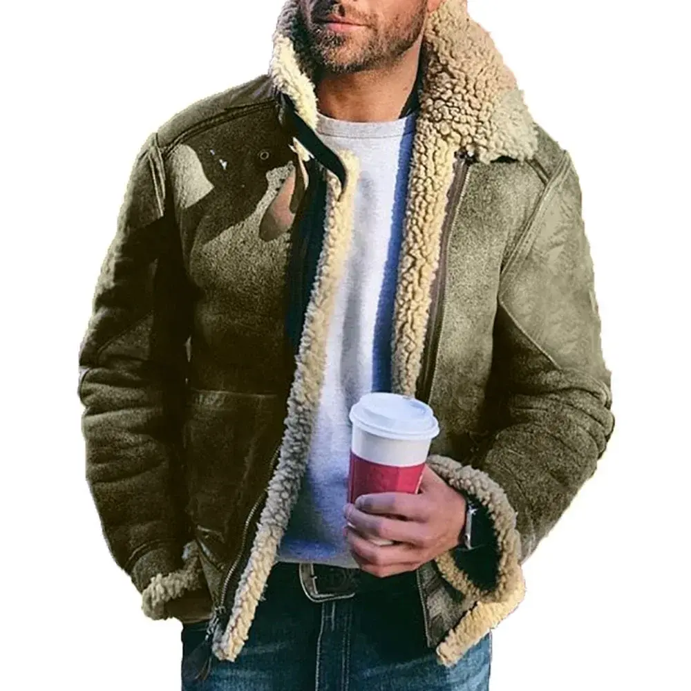 Thickened Men's Jacket Warm Faux Leather Warm Jacket Large Lapel Contrasting Color European American suede fur one-piece jacket