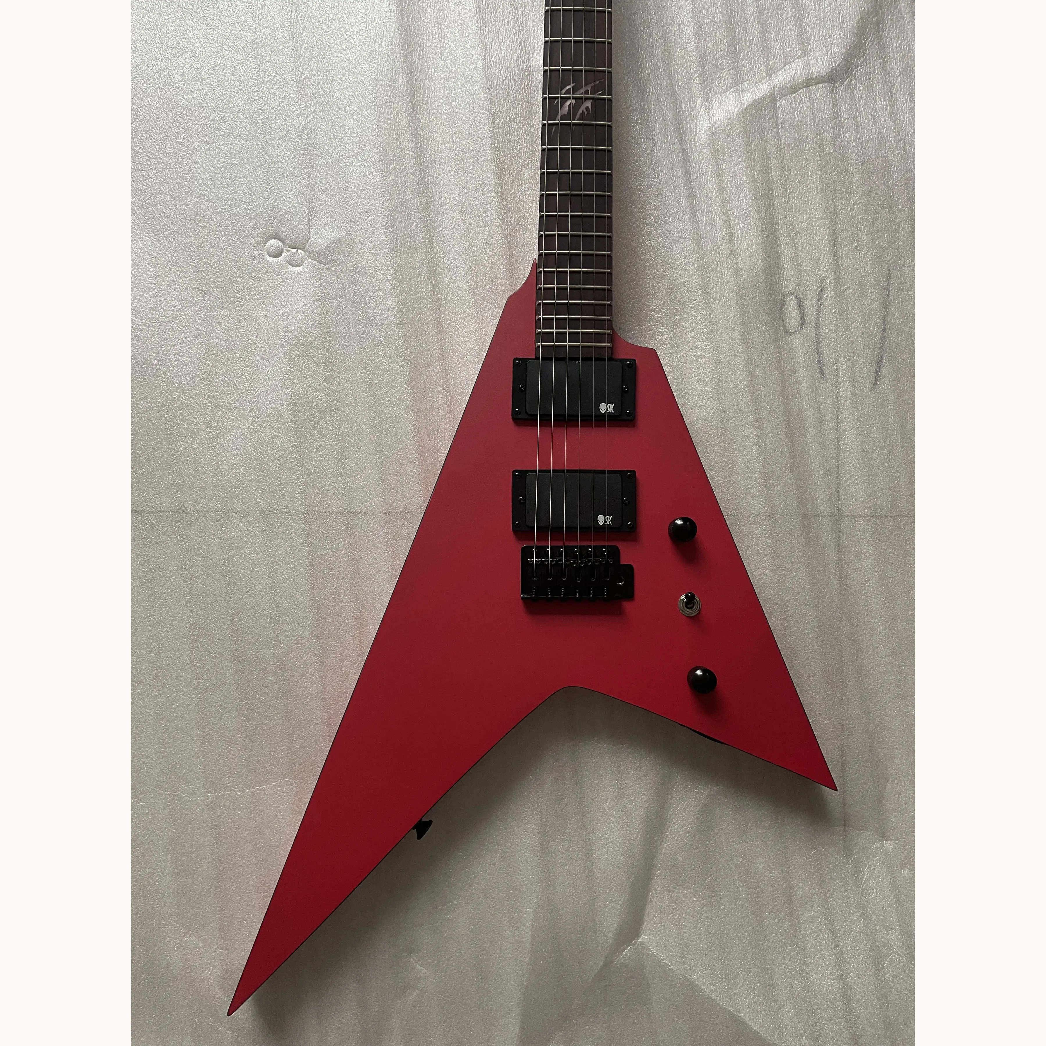Factory stock custom version dovetail V shape Fork electric guitar rare frosted dark red in stock black pickups accessorie only