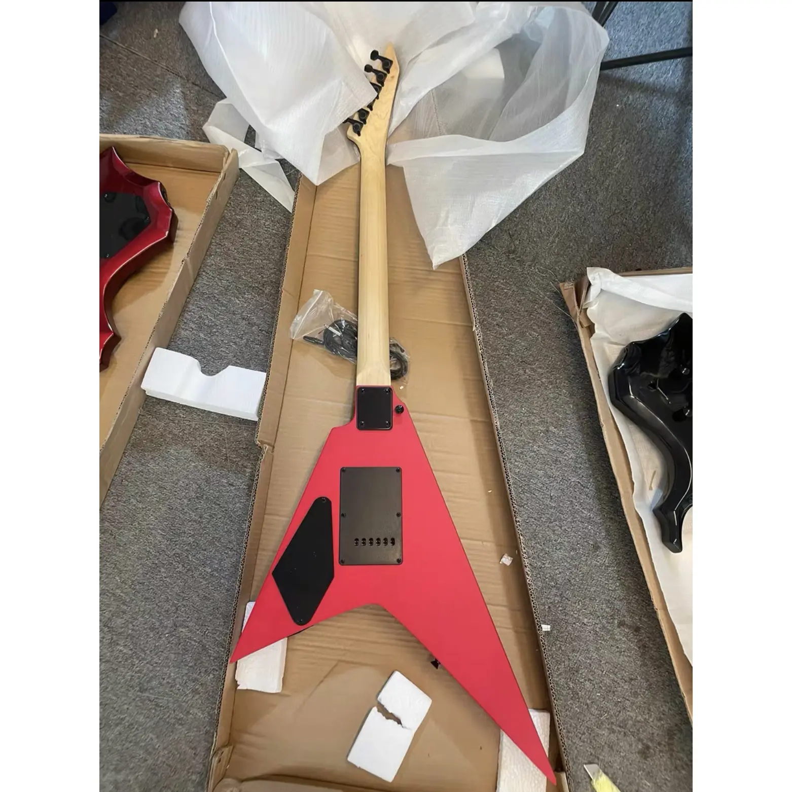 Factory stock custom version dovetail V shape Fork electric guitar rare frosted dark red in stock black pickups accessorie only