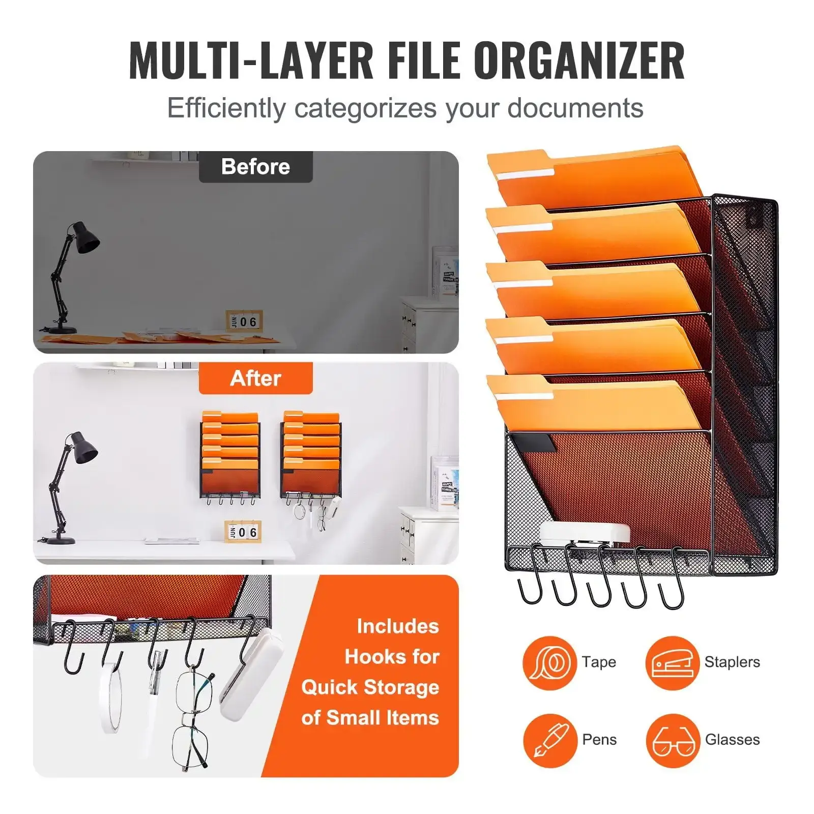 File Wall Rack Mesh Wall File Holder 2-Piece 6 Pocket for Office/School