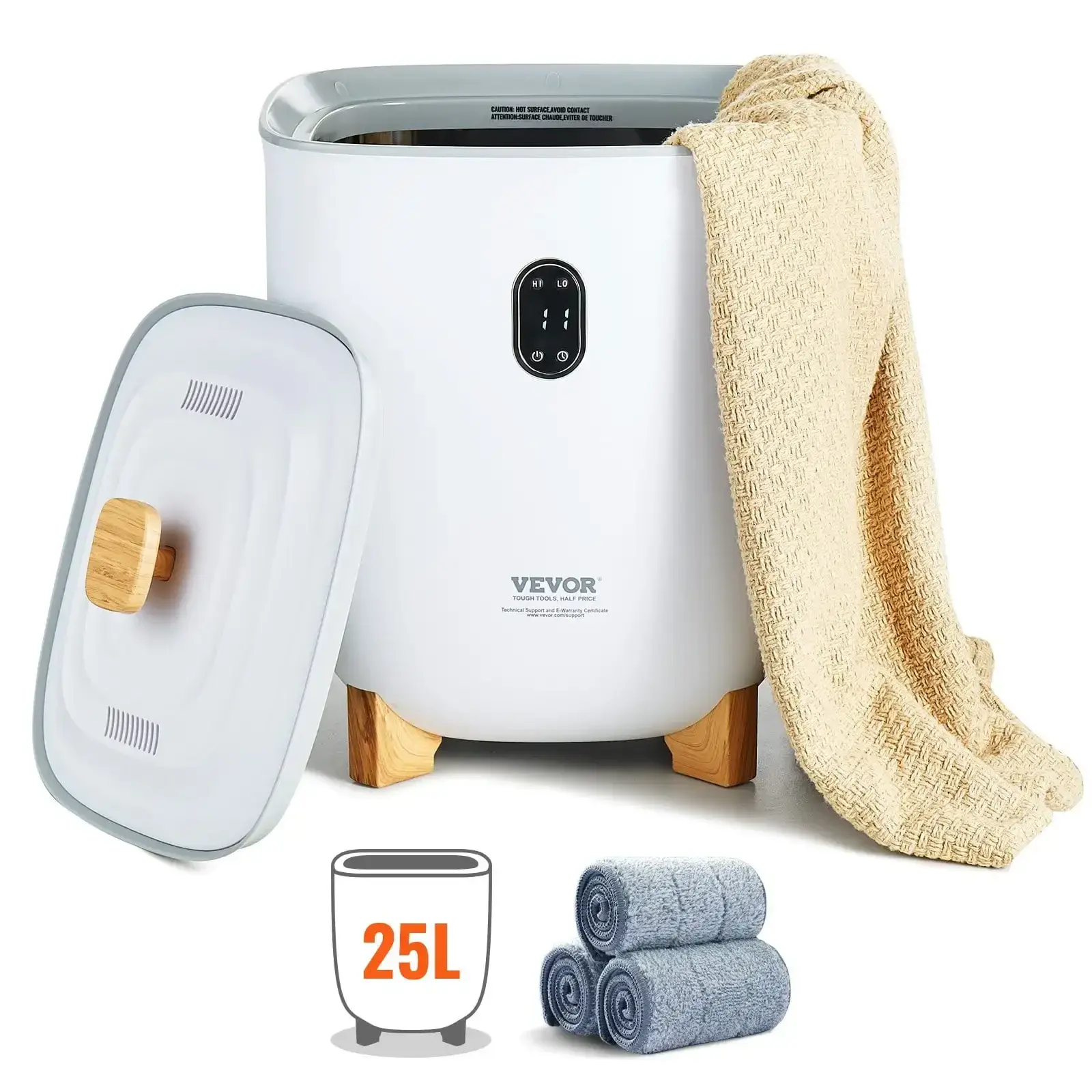 25L Towel Warmer Bucket with LED Screen, Bottom Heating Columns, Timer, White