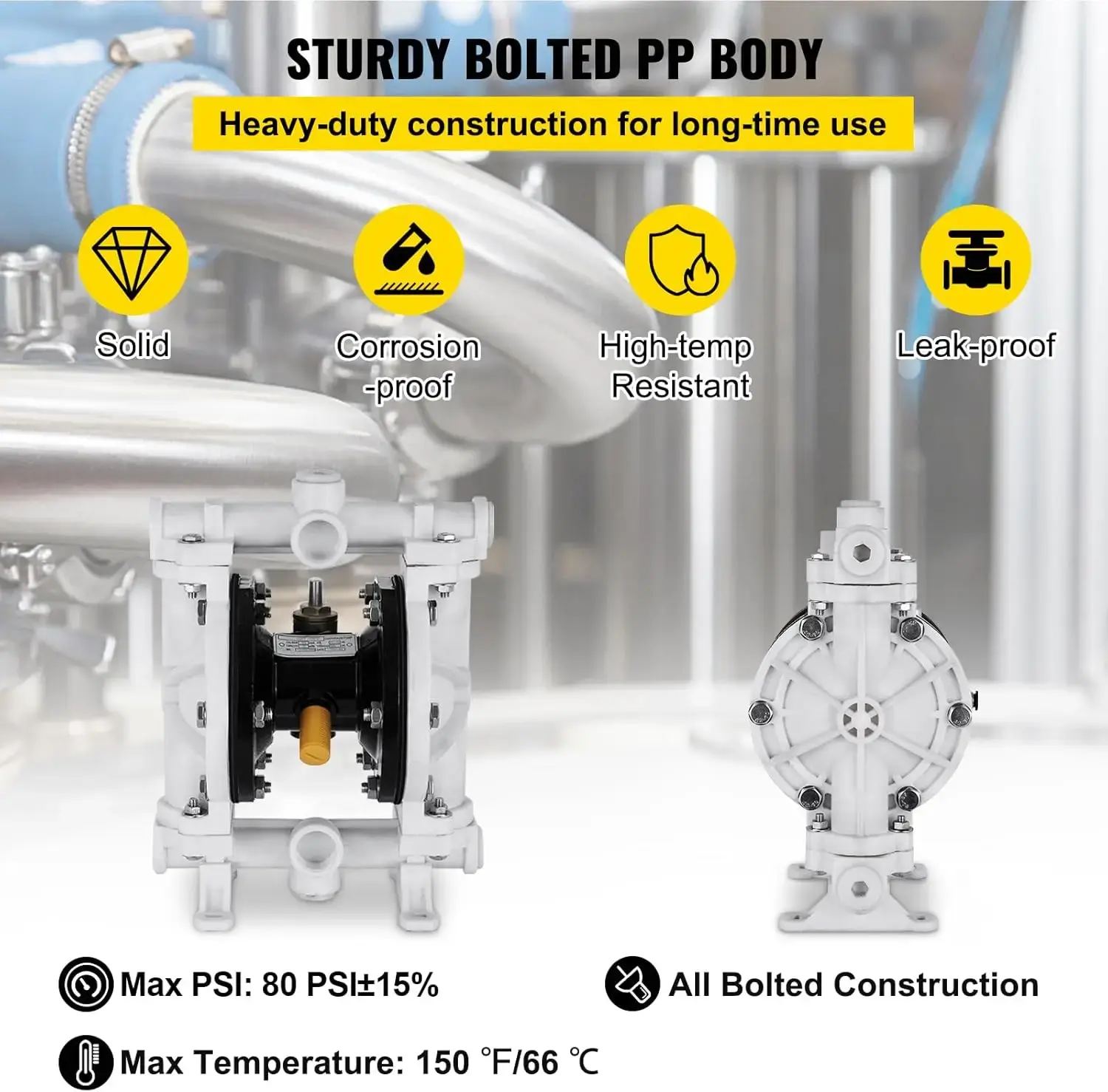 Air-Operated Double Diaphragm Pump, Polypropylene Body, 13.2 GPM & Max 120PSI, PTFE Diaphragm Pneumatic Transfer Pump