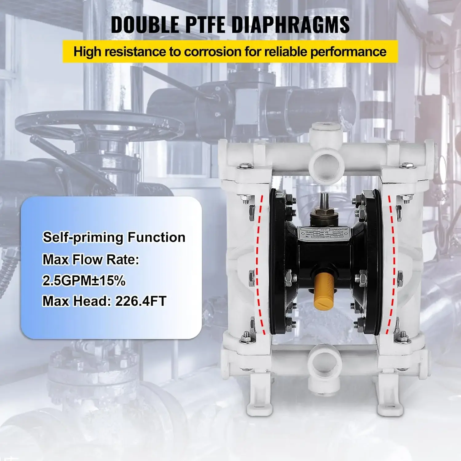 Air-Operated Double Diaphragm Pump, Polypropylene Body, 13.2 GPM & Max 120PSI, PTFE Diaphragm Pneumatic Transfer Pump
