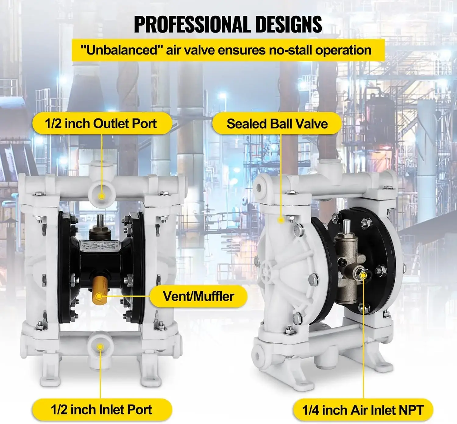 Air-Operated Double Diaphragm Pump, Polypropylene Body, 13.2 GPM & Max 120PSI, PTFE Diaphragm Pneumatic Transfer Pump