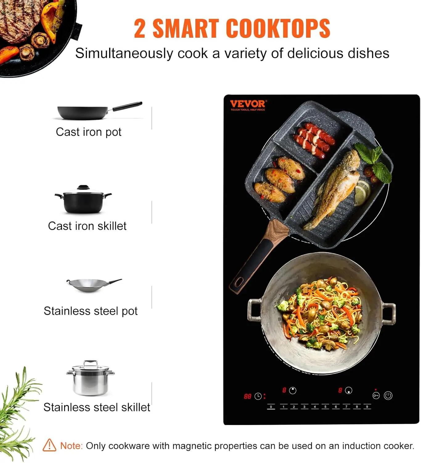 Electric Cooktop, 2 Burners, 12'' Induction Stove Top, Built-in Magnetic Cooktop 1800W, 9 Heating Level Multifunctional Burner