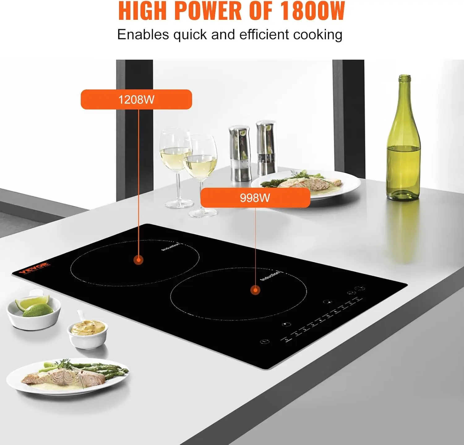 Electric Cooktop, 2 Burners, 12'' Induction Stove Top, Built-in Magnetic Cooktop 1800W, 9 Heating Level Multifunctional Burner