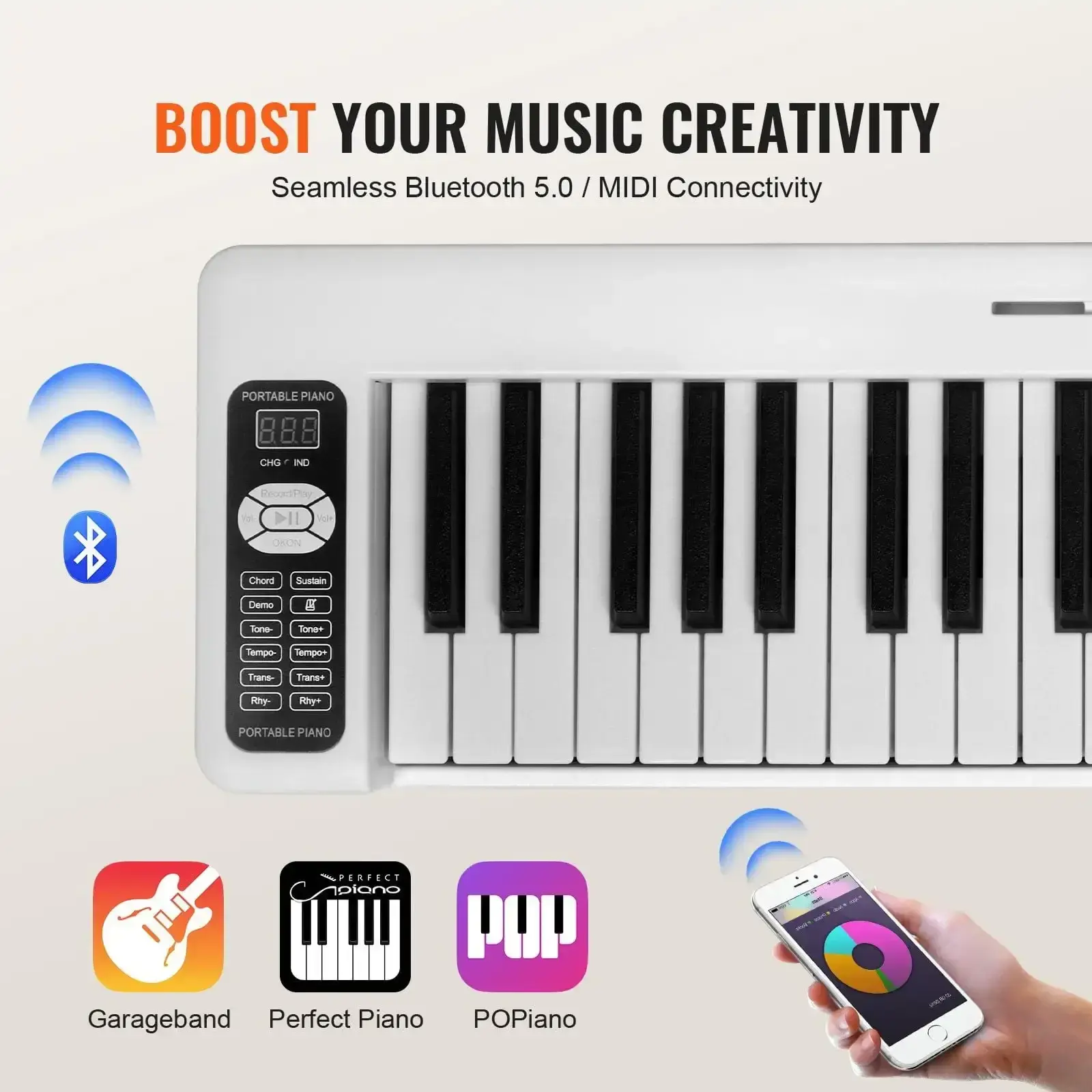 61 Key Folding Keyboard Piano Portable Foldable Piano Bluetooth MIDI White