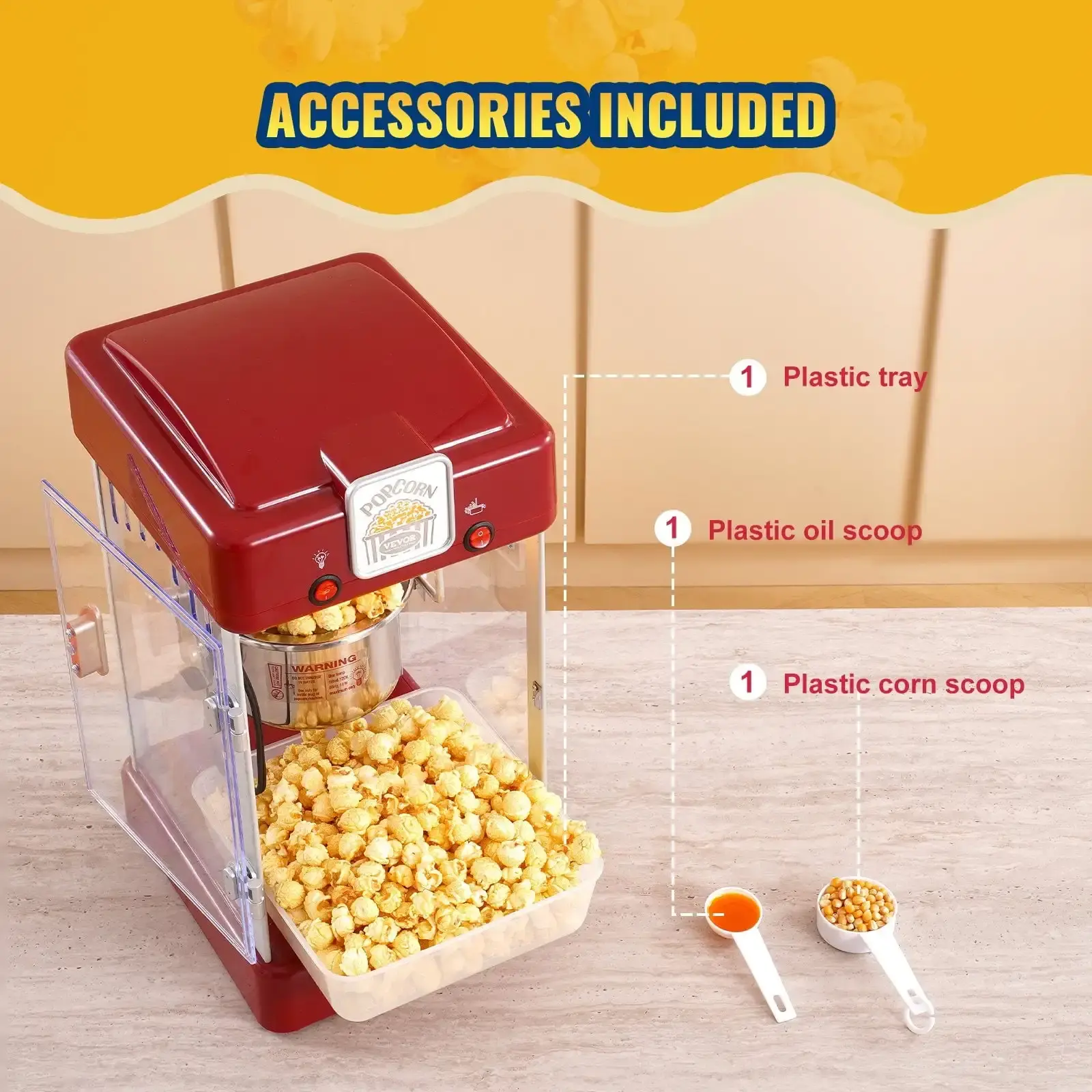 Popcorn Popper Machine Tabletop Popcorn Maker 300W 2.5 Oz Red