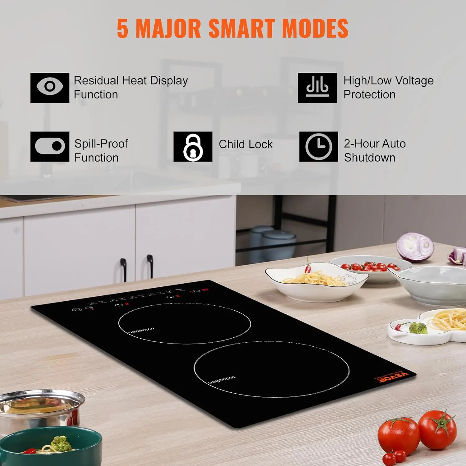 Electric Cooktop, 2 Burners, 12'' Induction Stove Top, Built-in Magnetic Cooktop 1800W, 9 Heating Level Multifunctional Burner