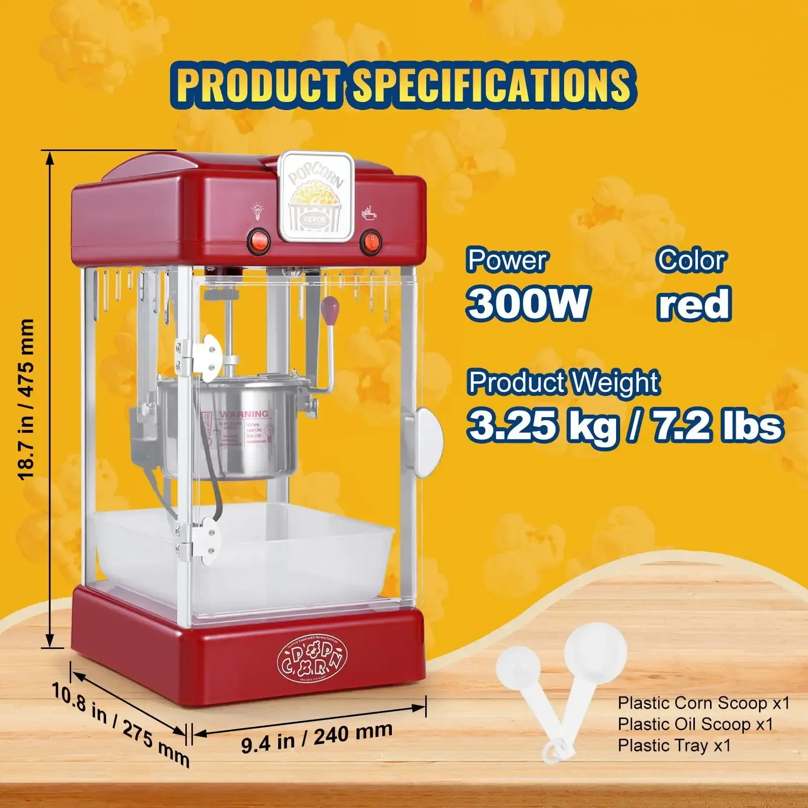Popcorn Popper Machine Tabletop Popcorn Maker 300W 2.5 Oz Red
