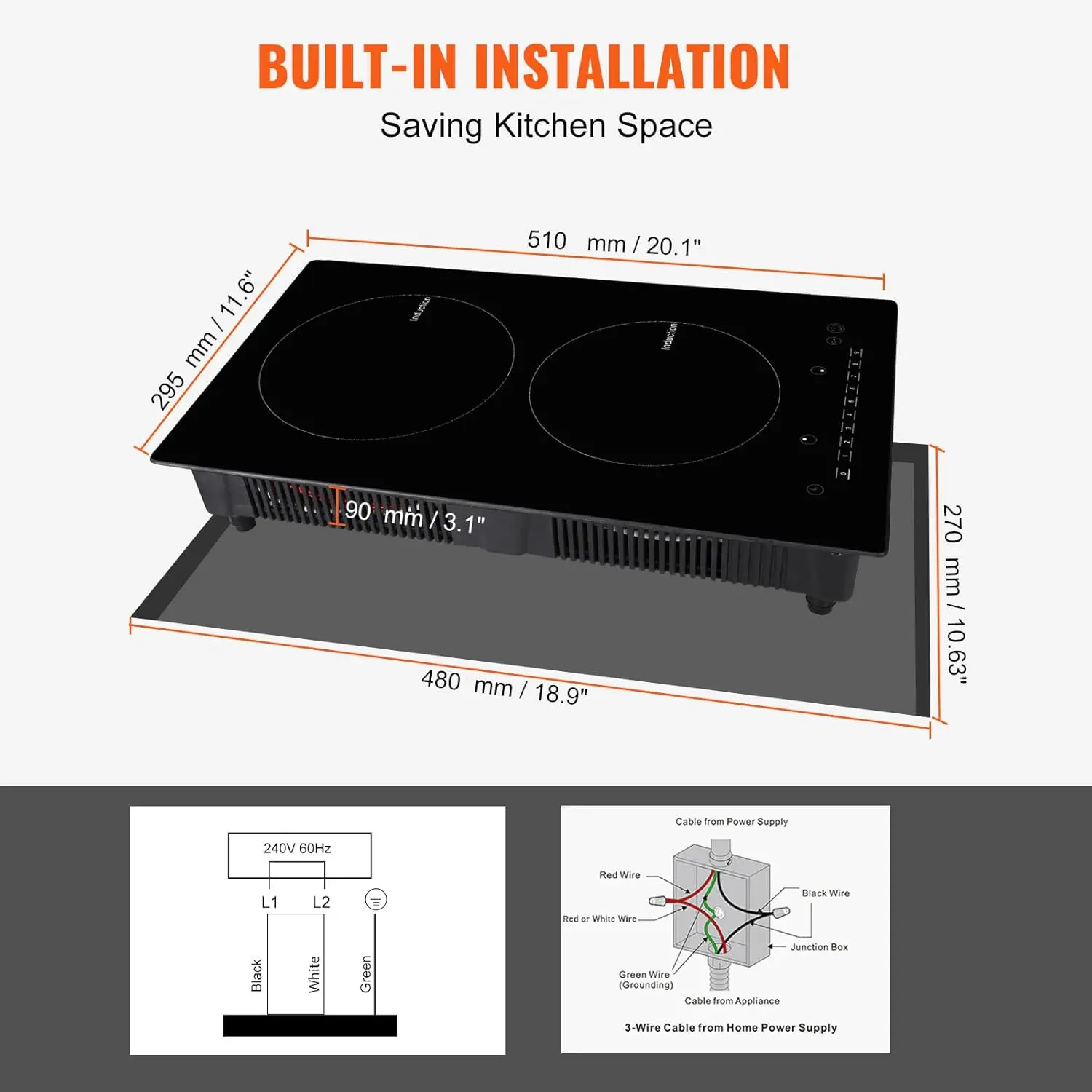 Electric Cooktop, 2 Burners, 12'' Induction Stove Top, Built-in Magnetic Cooktop 1800W, 9 Heating Level Multifunctional Burner