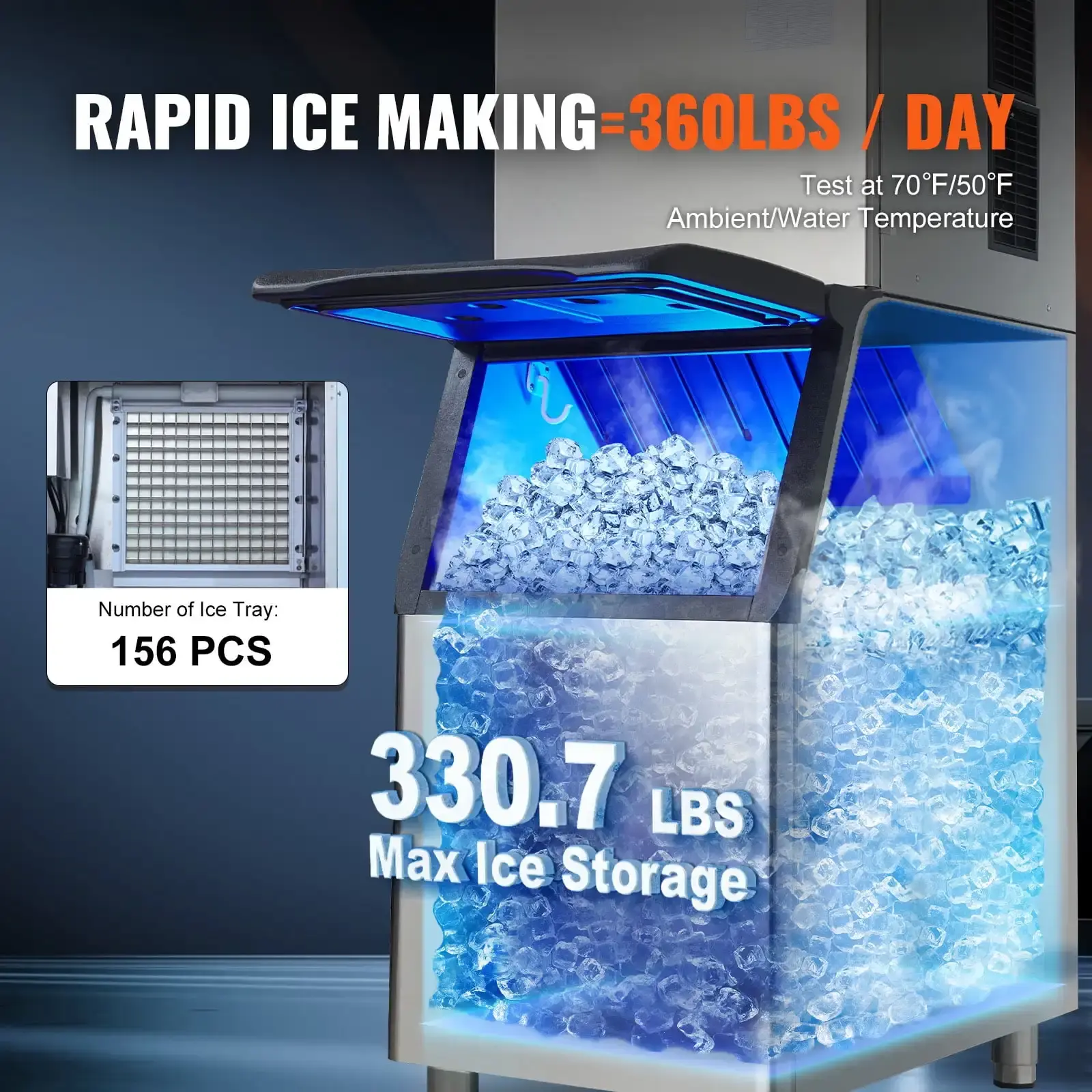 Commercial Ice Maker 360LBS/24H & 330.7LBS Storage Bin Auto Self-Cleaning