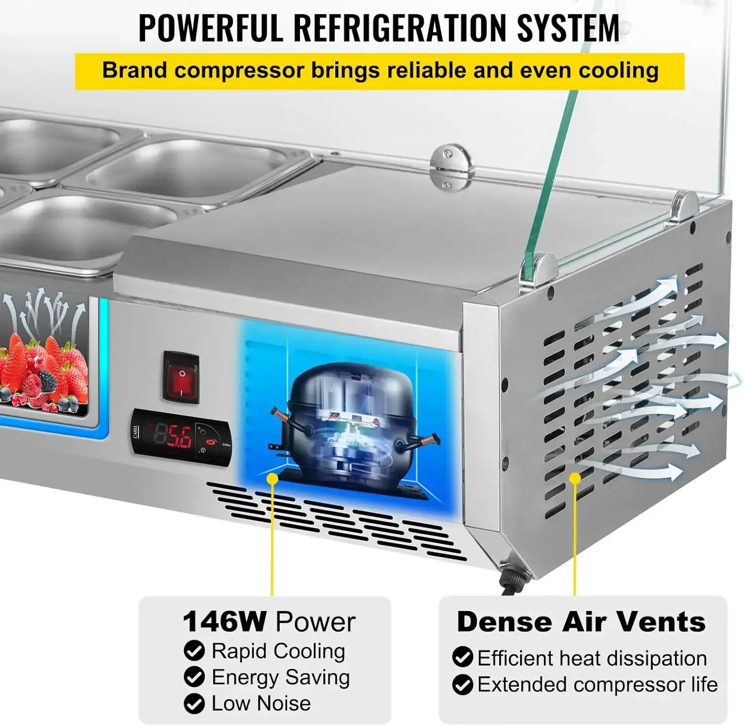 Refrigerated Condiment Prep Station, 48-Inch, 10.8Qt Sandwich Prep Table with 2 1/3 Pans & 4 1/6 Pans