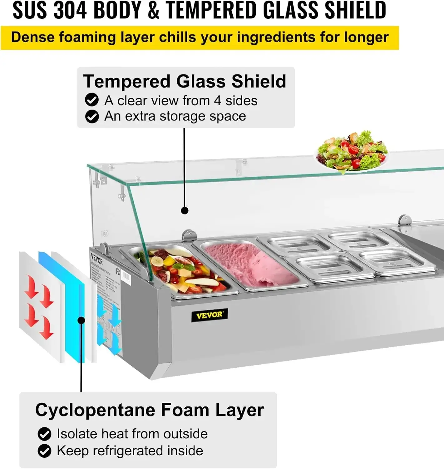 Refrigerated Condiment Prep Station, 48-Inch, 10.8Qt Sandwich Prep Table with 2 1/3 Pans & 4 1/6 Pans