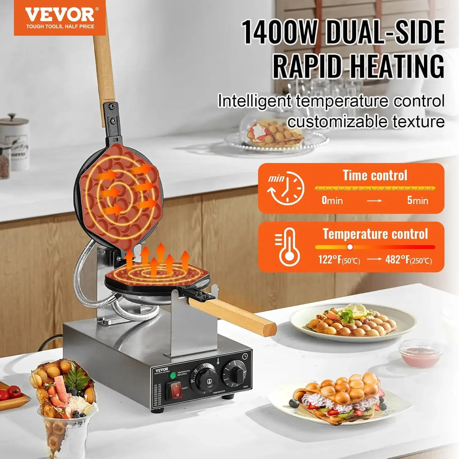 Commercial Bubble Waffle Maker, 1400W Egg Pancake Baker Machine, Non-Stick Stainless Steel Egg Bubble Puff, 180° Rotatable