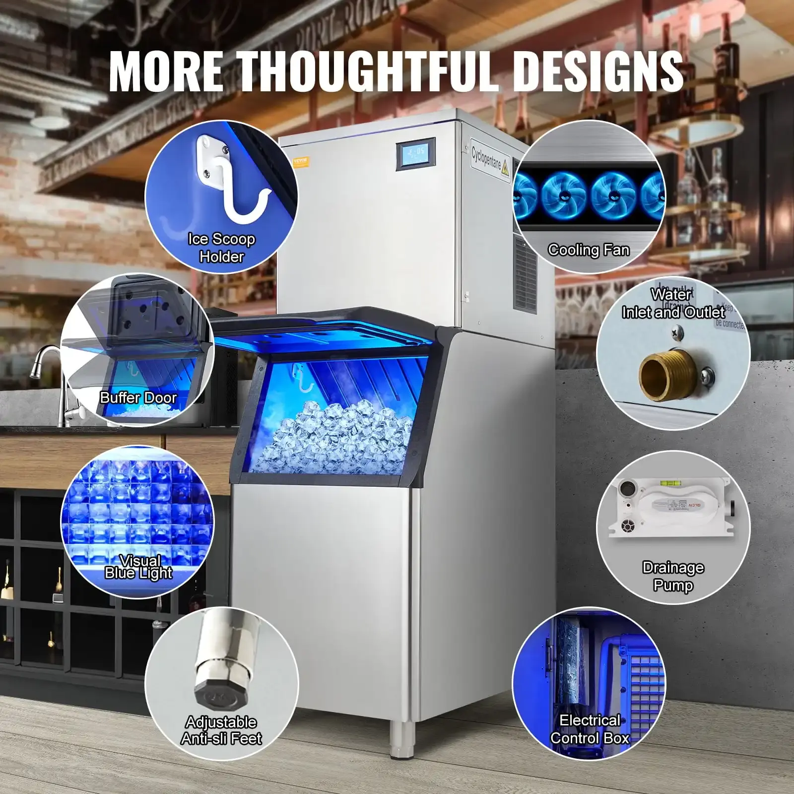 Commercial Ice Maker 360LBS/24H & 330.7LBS Storage Bin Auto Self-Cleaning