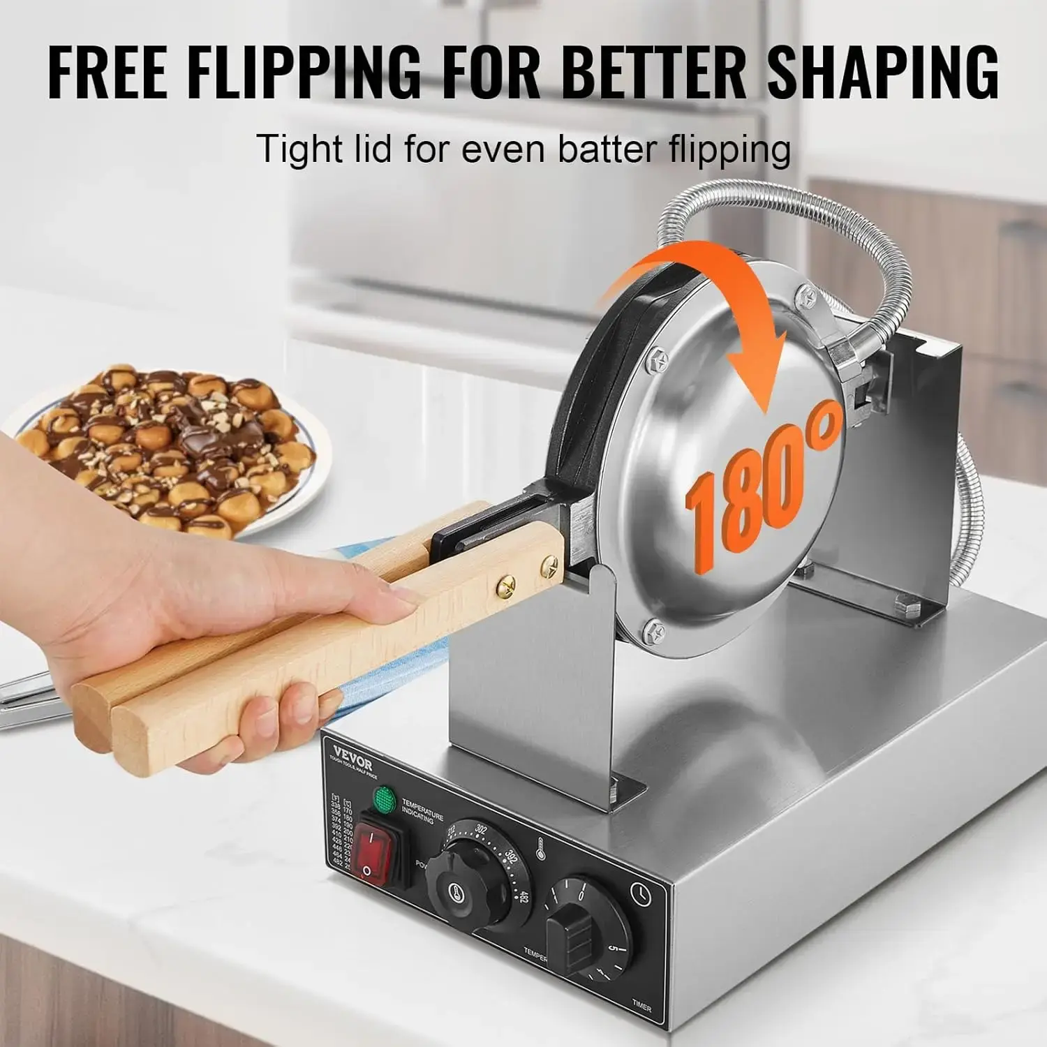 Commercial Bubble Waffle Maker, 1400W Egg Pancake Baker Machine, Non-Stick Stainless Steel Egg Bubble Puff, 180° Rotatable