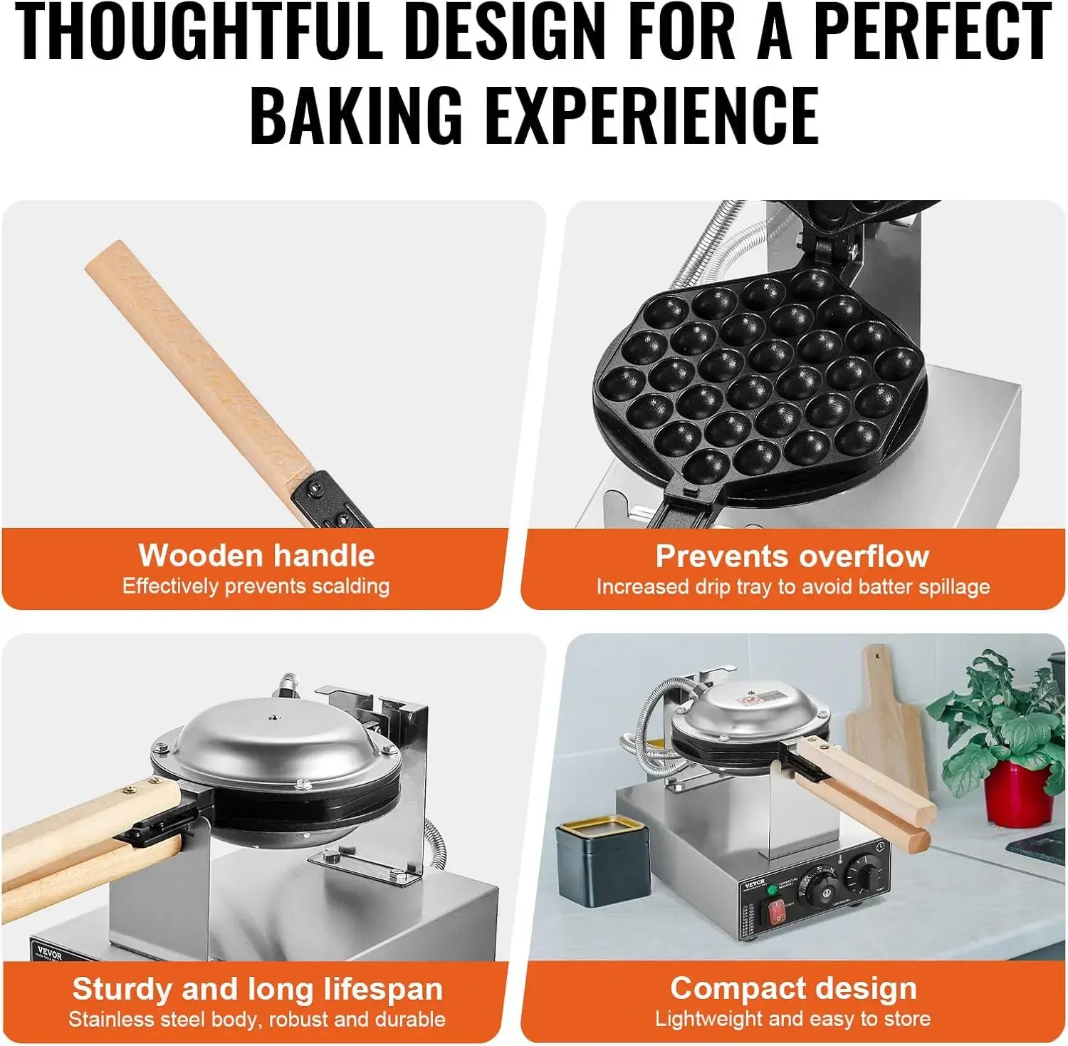 Commercial Bubble Waffle Maker, 1400W Egg Pancake Baker Machine, Non-Stick Stainless Steel Egg Bubble Puff, 180° Rotatable
