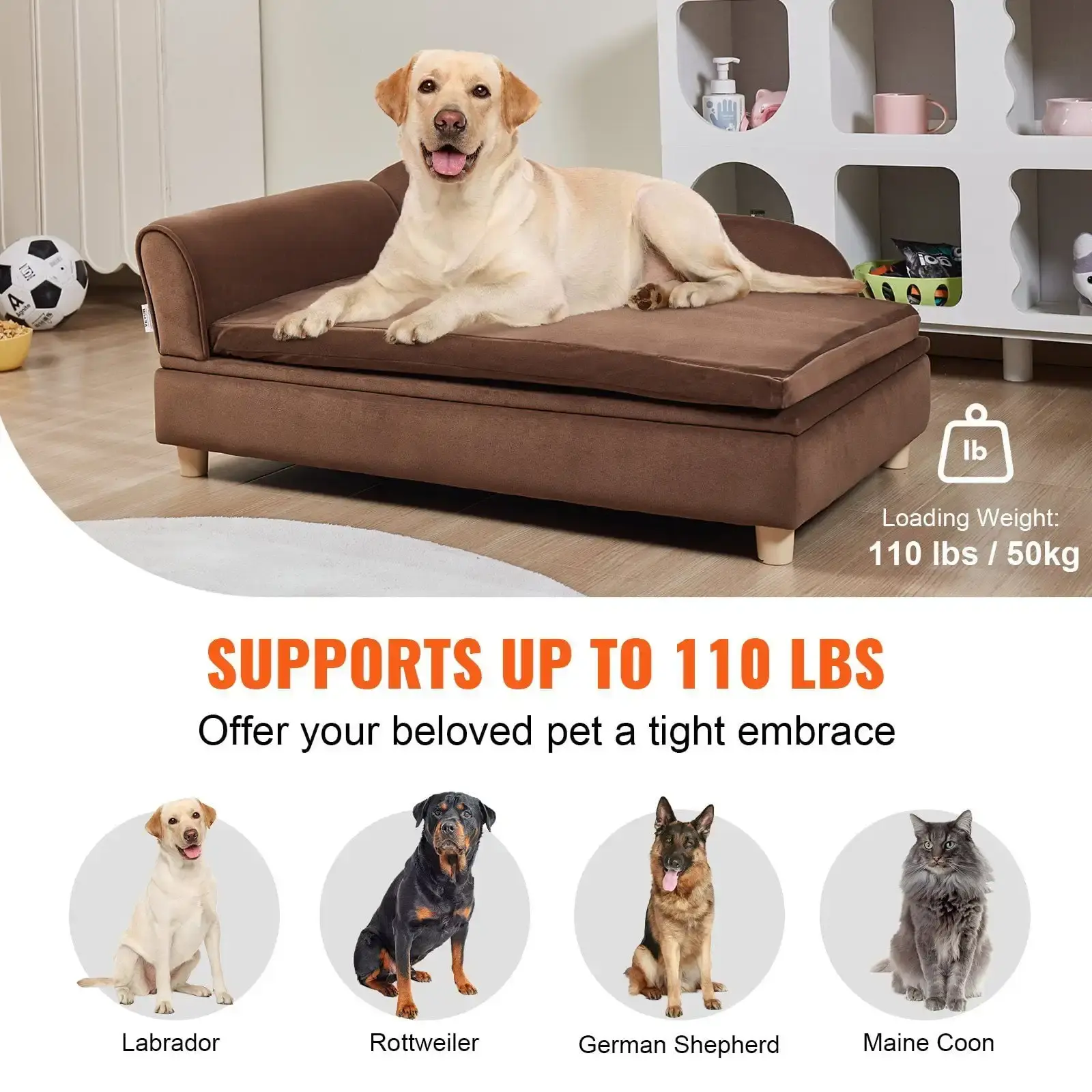 Pet Sofa, Dog Couch for Large-Sized Dogs and Cats, Soft Velvety Dog Sofa Bed, 110 lbs Loading Cat Sofa, Dark Brown