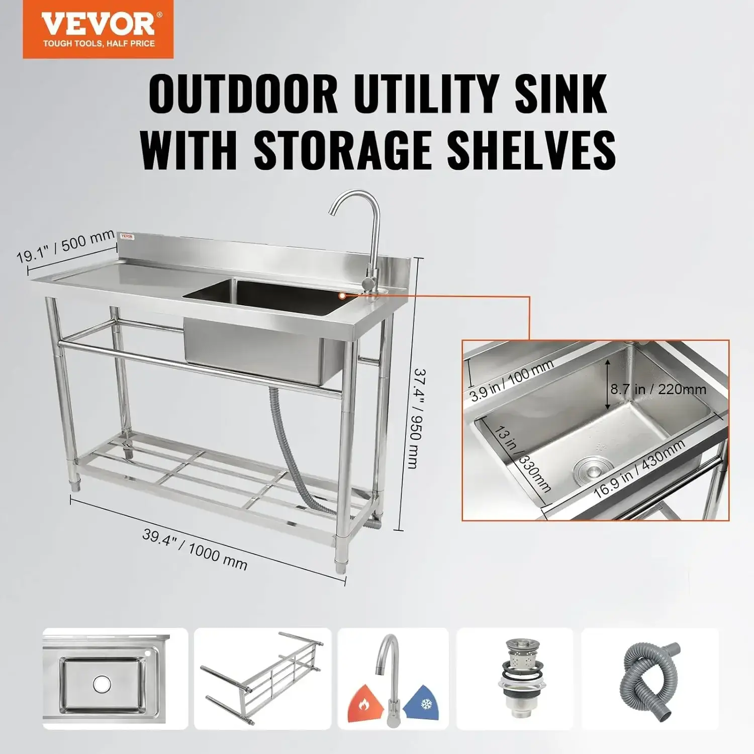 Stainless Steel Utility Sink, Free Standing Single Bowl Commercial Kitchen Sink Set w/Workbench
