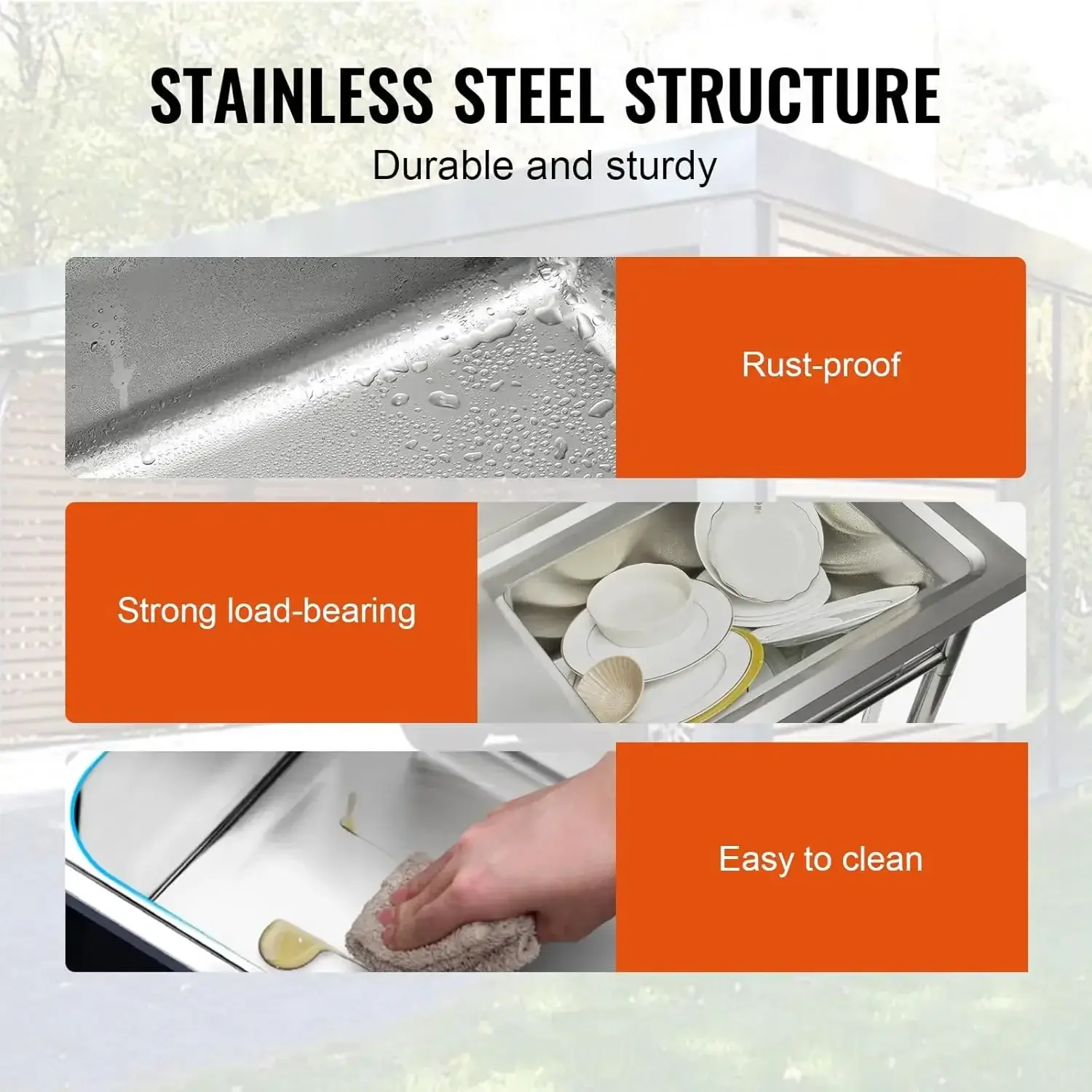 Stainless Steel Utility Sink, Free Standing Single Bowl Commercial Kitchen Sink Set w/Workbench