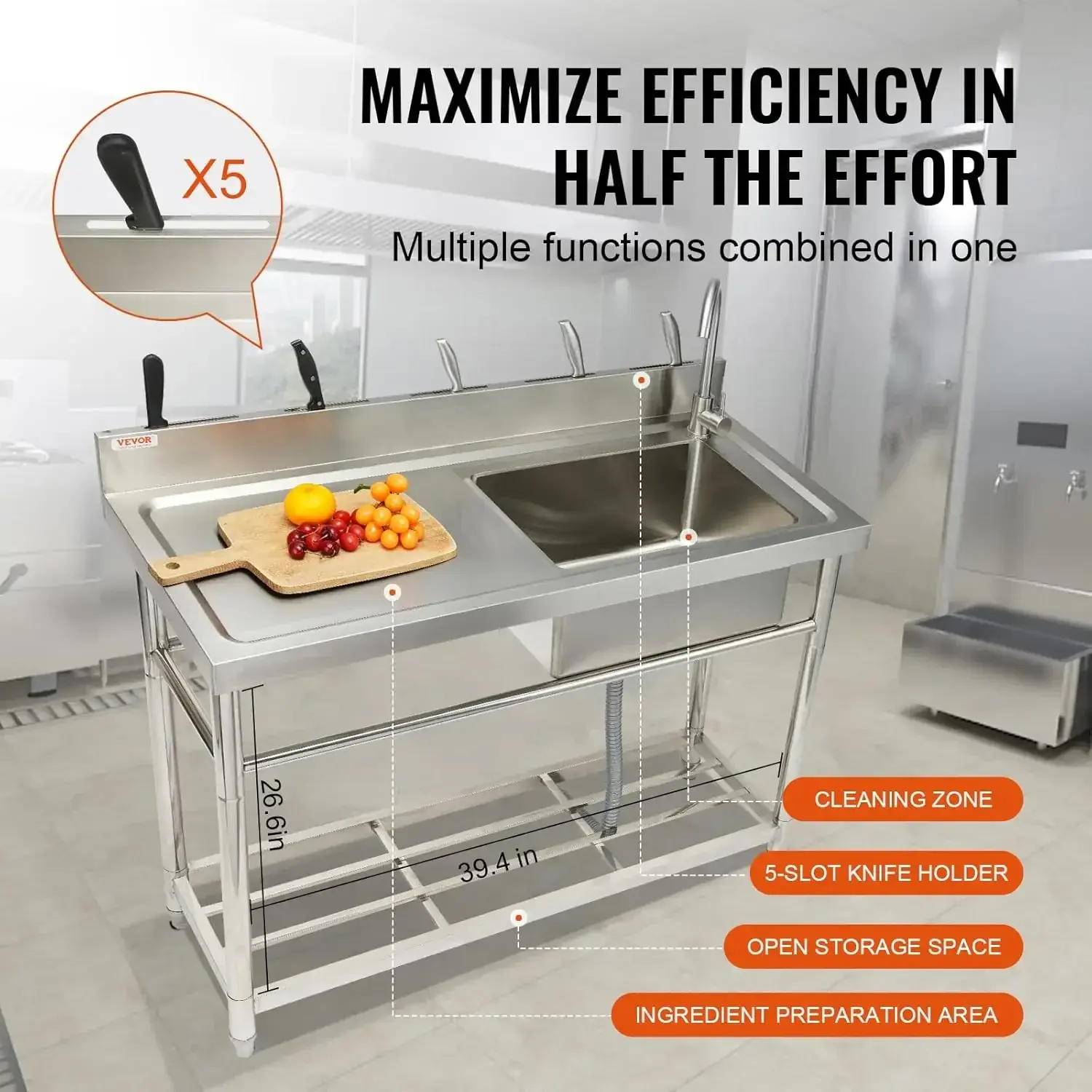 Stainless Steel Utility Sink, Free Standing Single Bowl Commercial Kitchen Sink Set w/Workbench