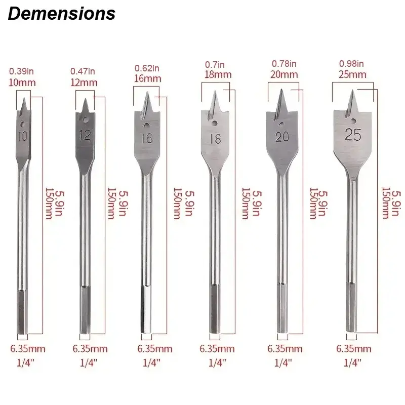 High Carbon Steel Flat Wood Drill Bits Set 10mm 12mm 16mm 18mm 20mm 25mm Spade Boring Woodworking Flat Drill Bits