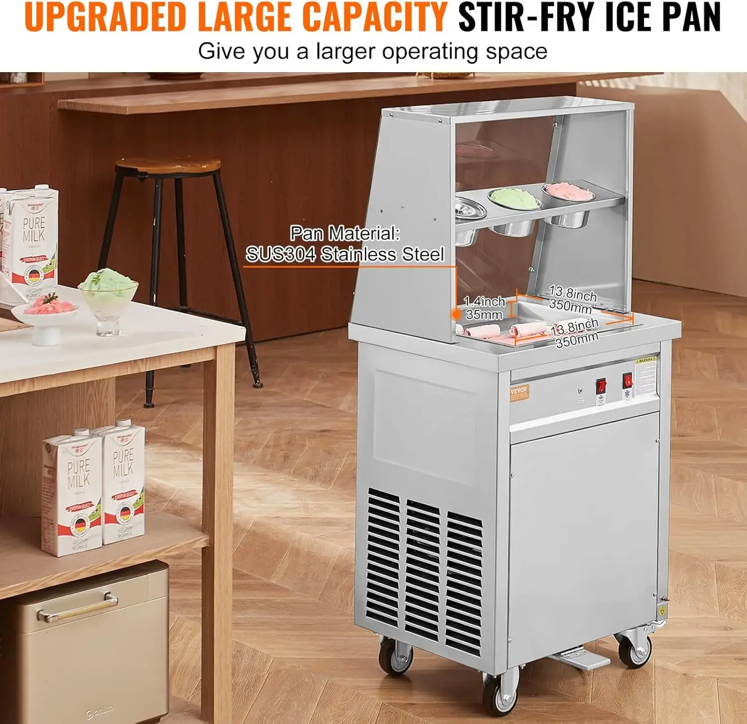 Fried Ice Cream Roll Machine, 13.8" x 13.8" Square Stir-Fried Ice Cream Pan, Stainless Steel Commercial Rolled Ice Cream Maker