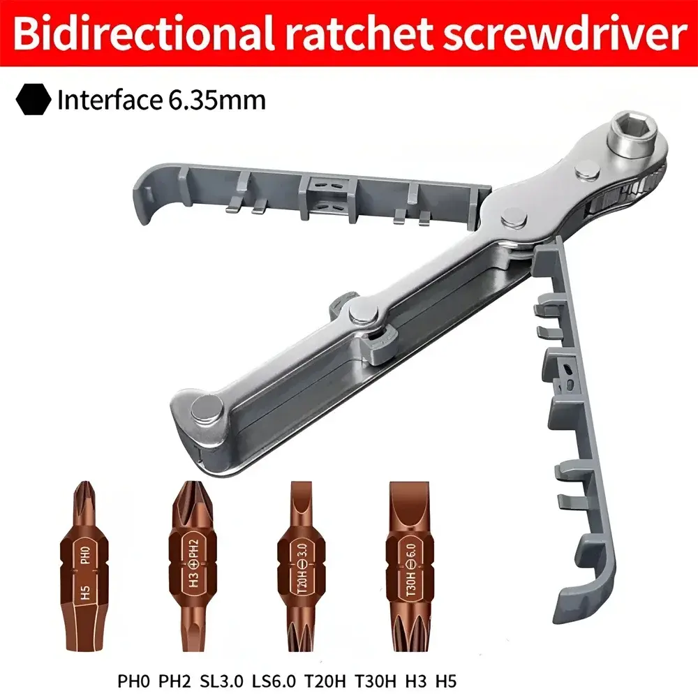 Precision Ratchet Wrench Screwdriver Set Slotted Magnetic Bits Forward Reverse 90 Degree Screw Driver
